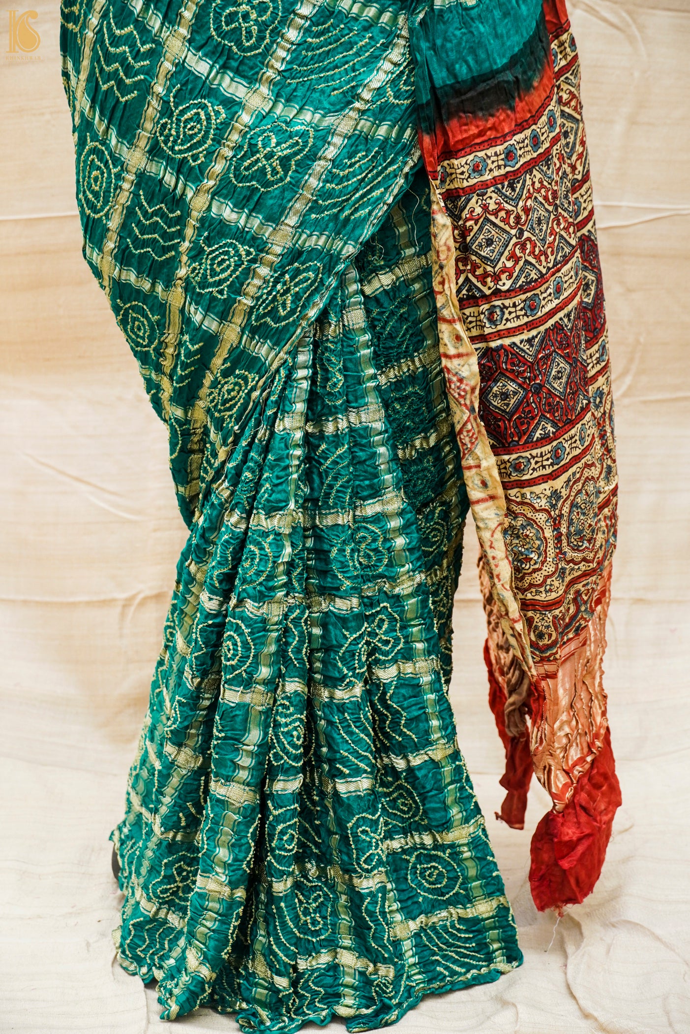 Teal Hand Block Ajrakh with Bandhani Gharchola Modal Silk Saree - Khinkhwab