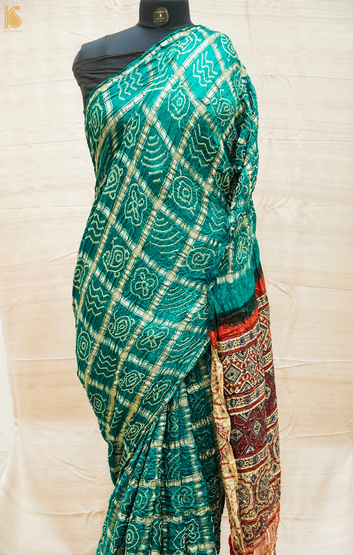 Teal Hand Block Ajrakh with Bandhani Gharchola Modal Silk Saree - Khinkhwab