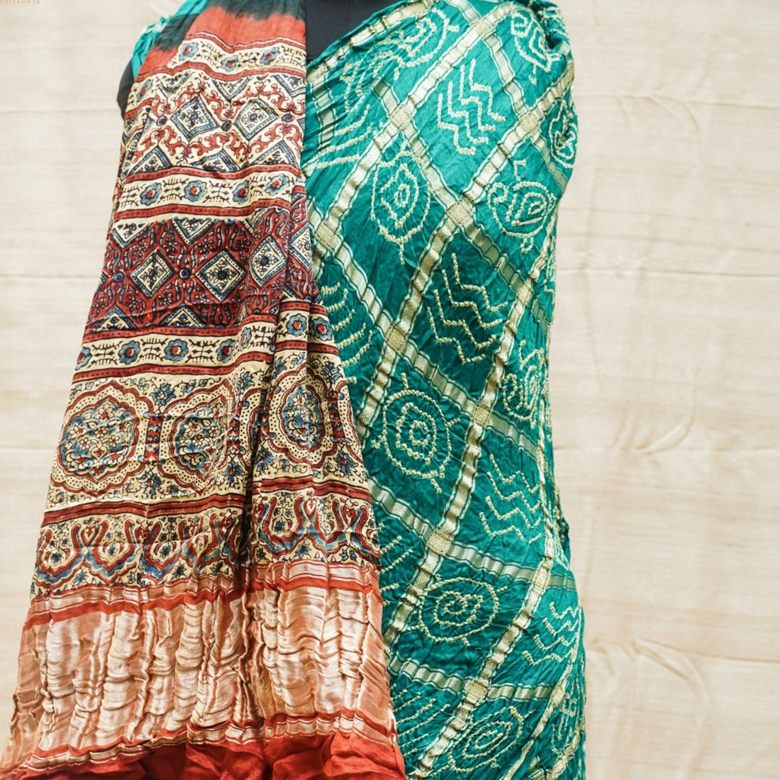 Teal Hand Block Ajrakh with Bandhani Gharchola Modal Silk Saree - Khinkhwab
