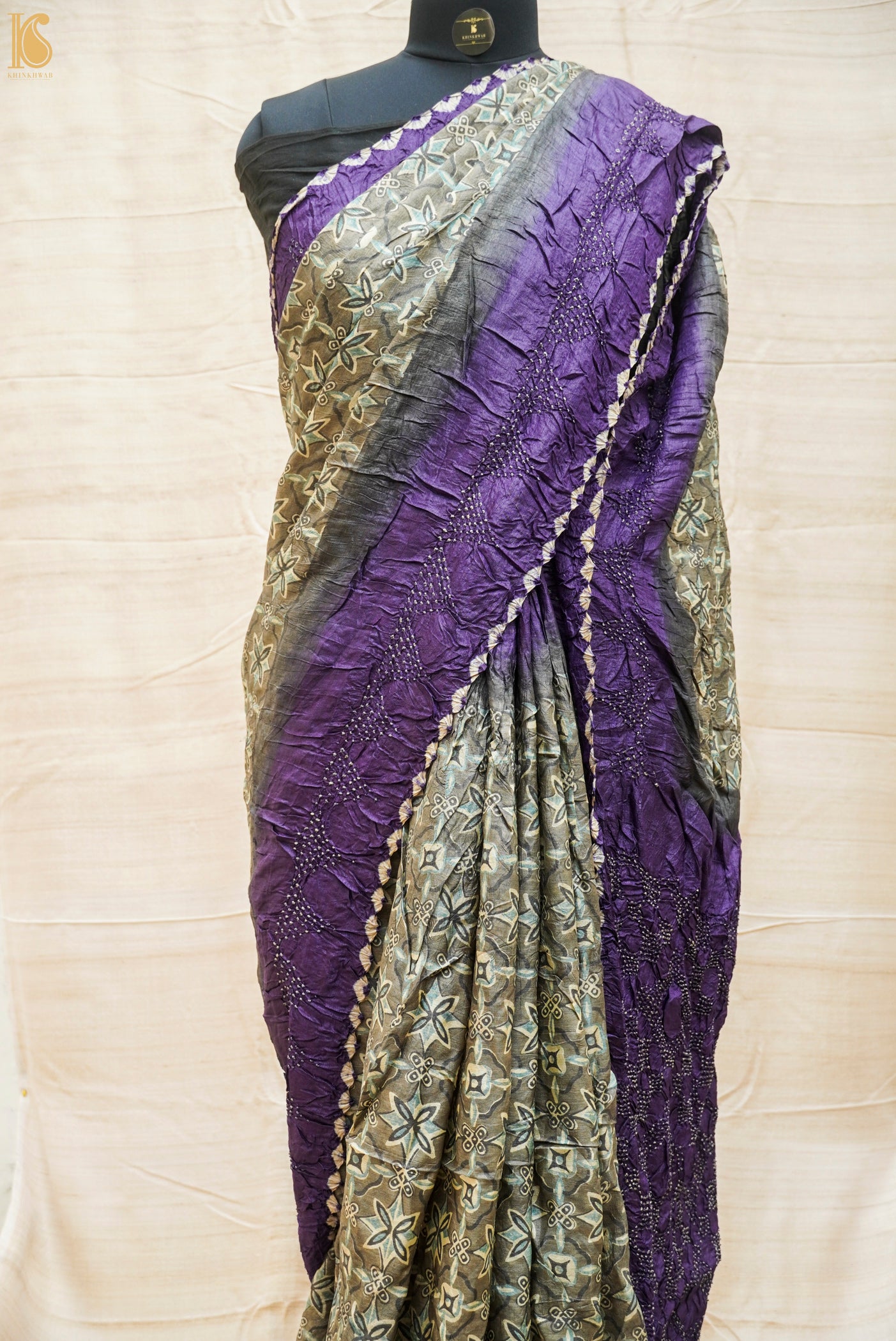Pure Tussar Silk Saree with Bandhani & Ajrakh - Khinkhwab