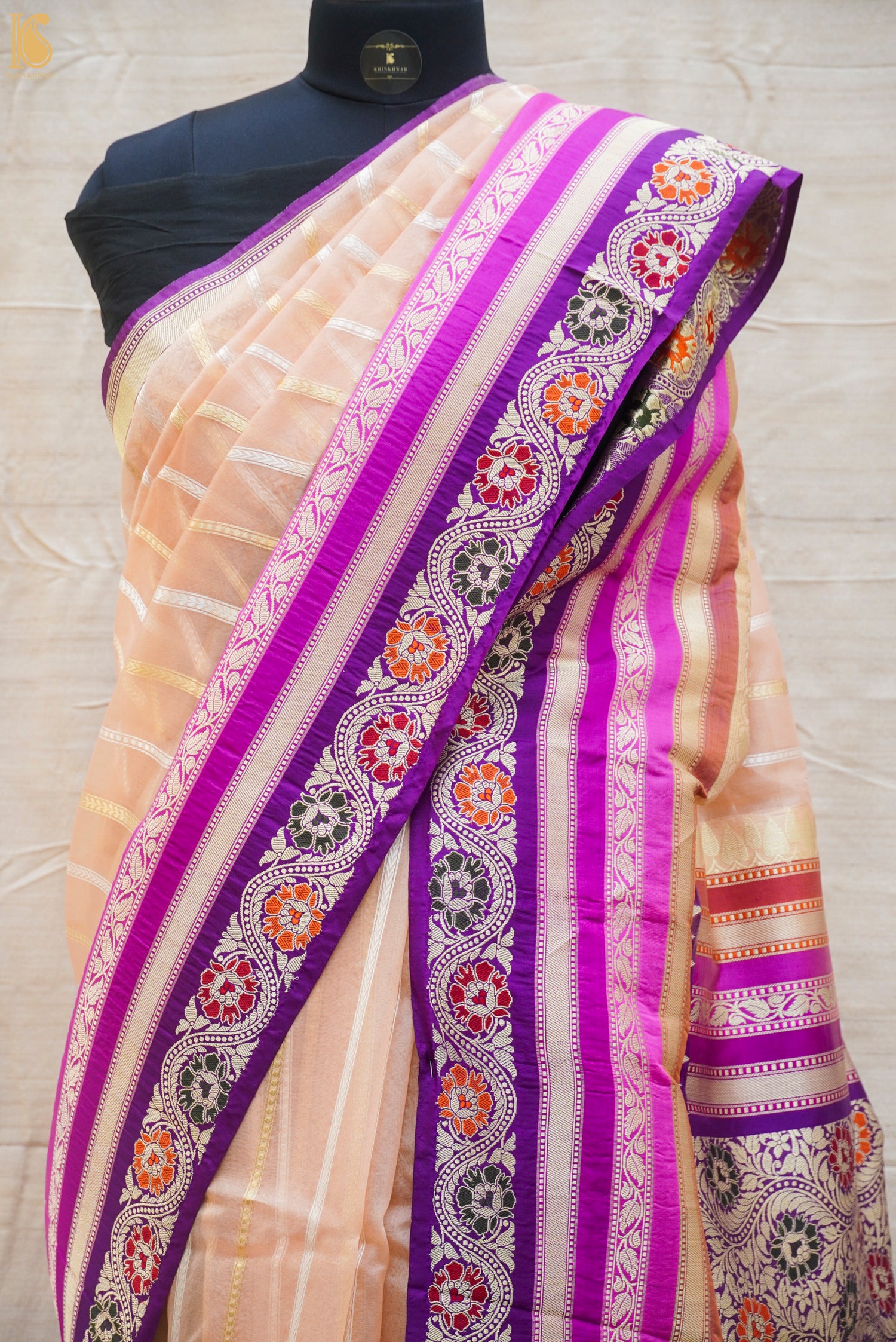 Cashmere Pure Kora Silk Handloom Banarasi Saree With Katan Border - Khinkhwab