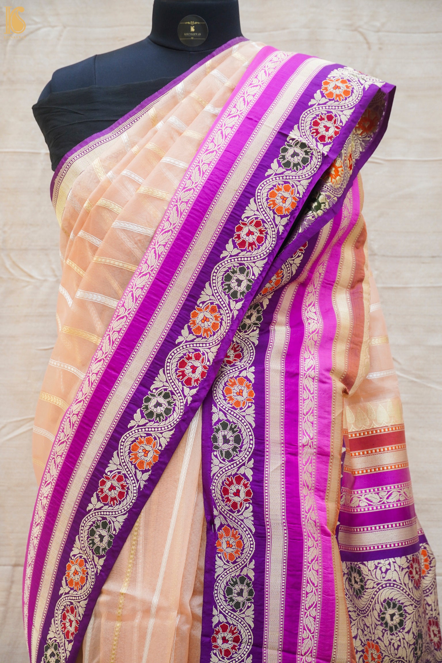 Cashmere Pure Kora Silk Handloom Banarasi Saree With Katan Border - Khinkhwab