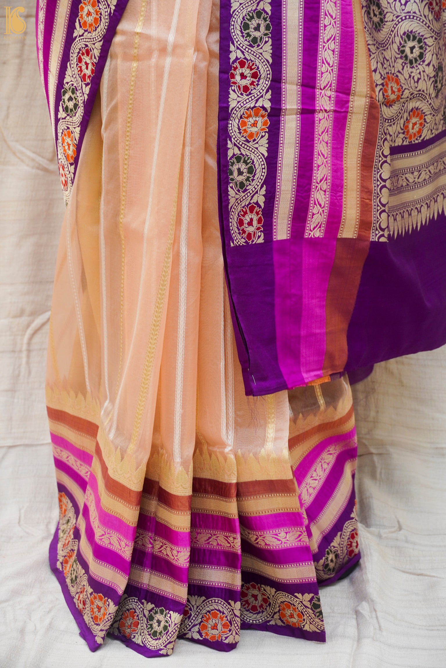 Cashmere Pure Kora Silk Handloom Banarasi Saree With Katan Border - Khinkhwab