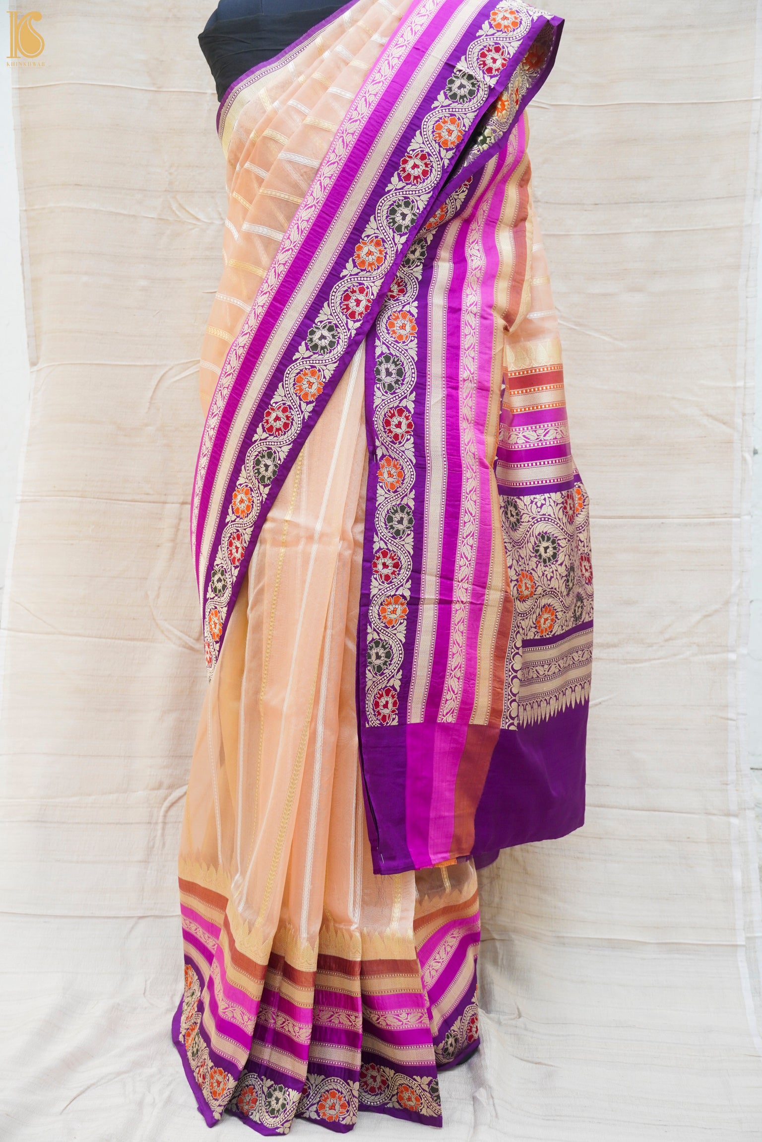 Cashmere Pure Kora Silk Handloom Banarasi Saree With Katan Border - Khinkhwab