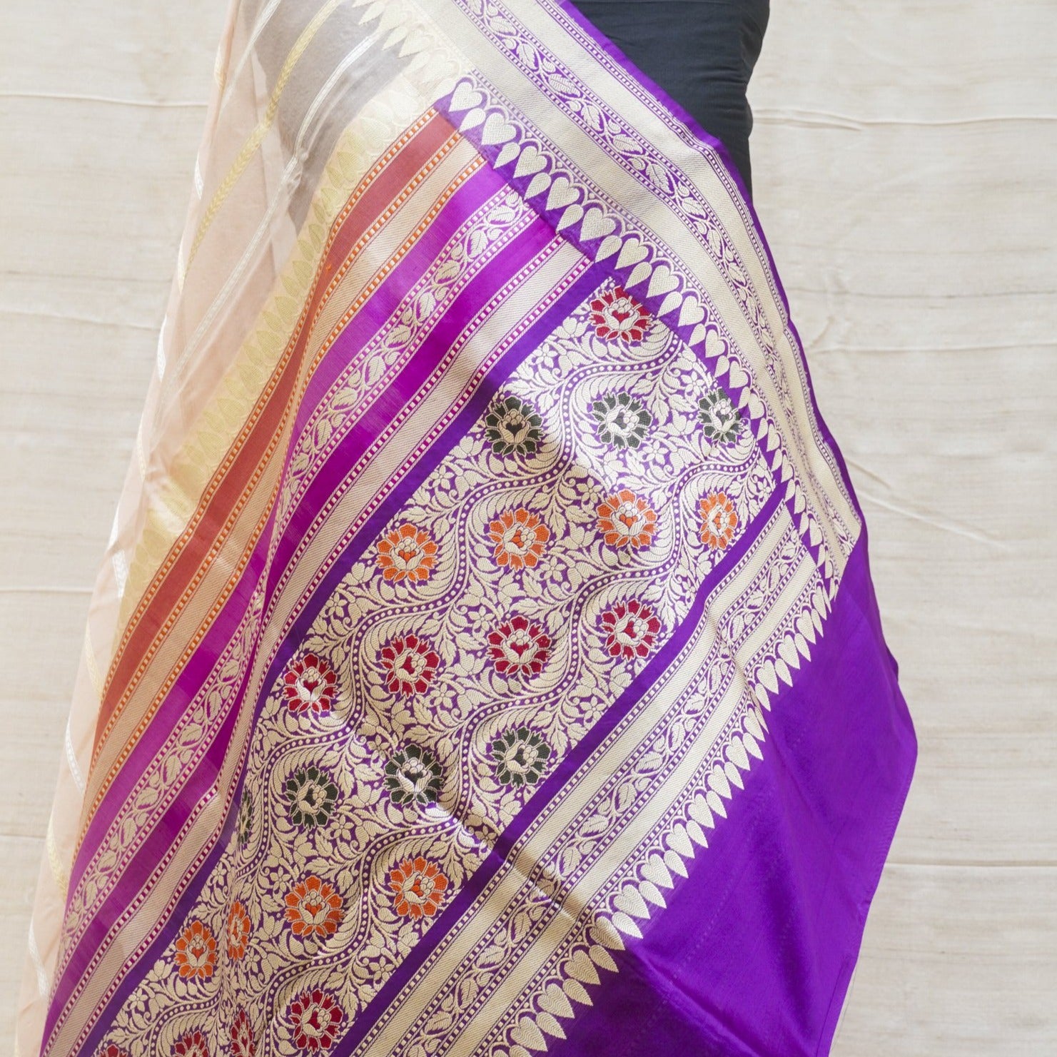Cashmere Pure Kora Silk Handloom Banarasi Saree With Katan Border - Khinkhwab