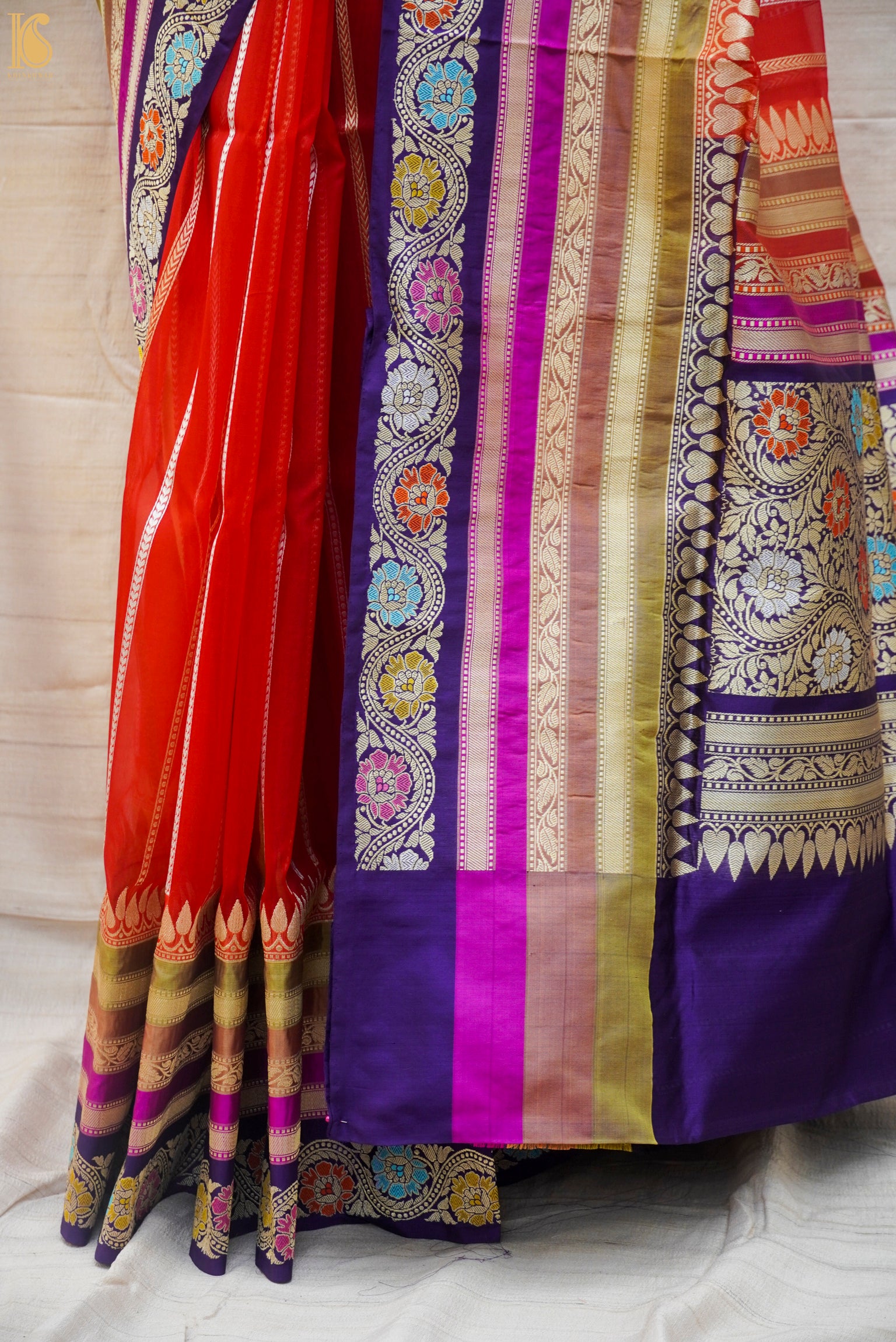 Flamingo Red Pure Kora Handloom Banarasi Saree with Silk Border - Khinkhwab