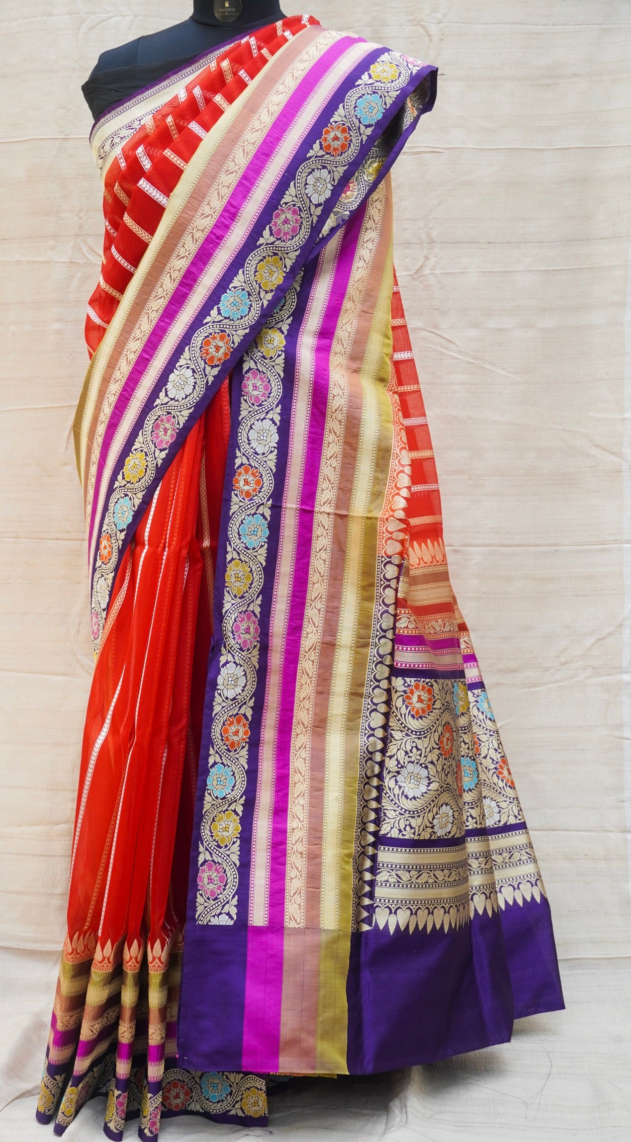 Flamingo Red Pure Kora Handloom Banarasi Saree with Silk Border - Khinkhwab