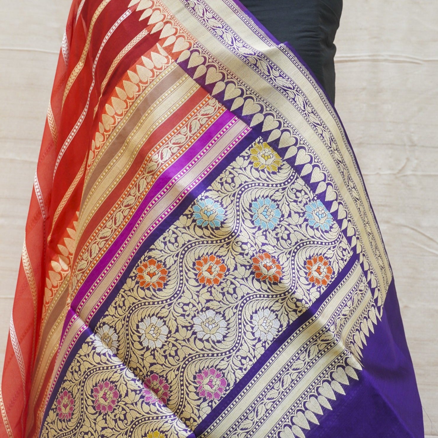 Flamingo Red Pure Kora Handloom Banarasi Saree with Silk Border - Khinkhwab