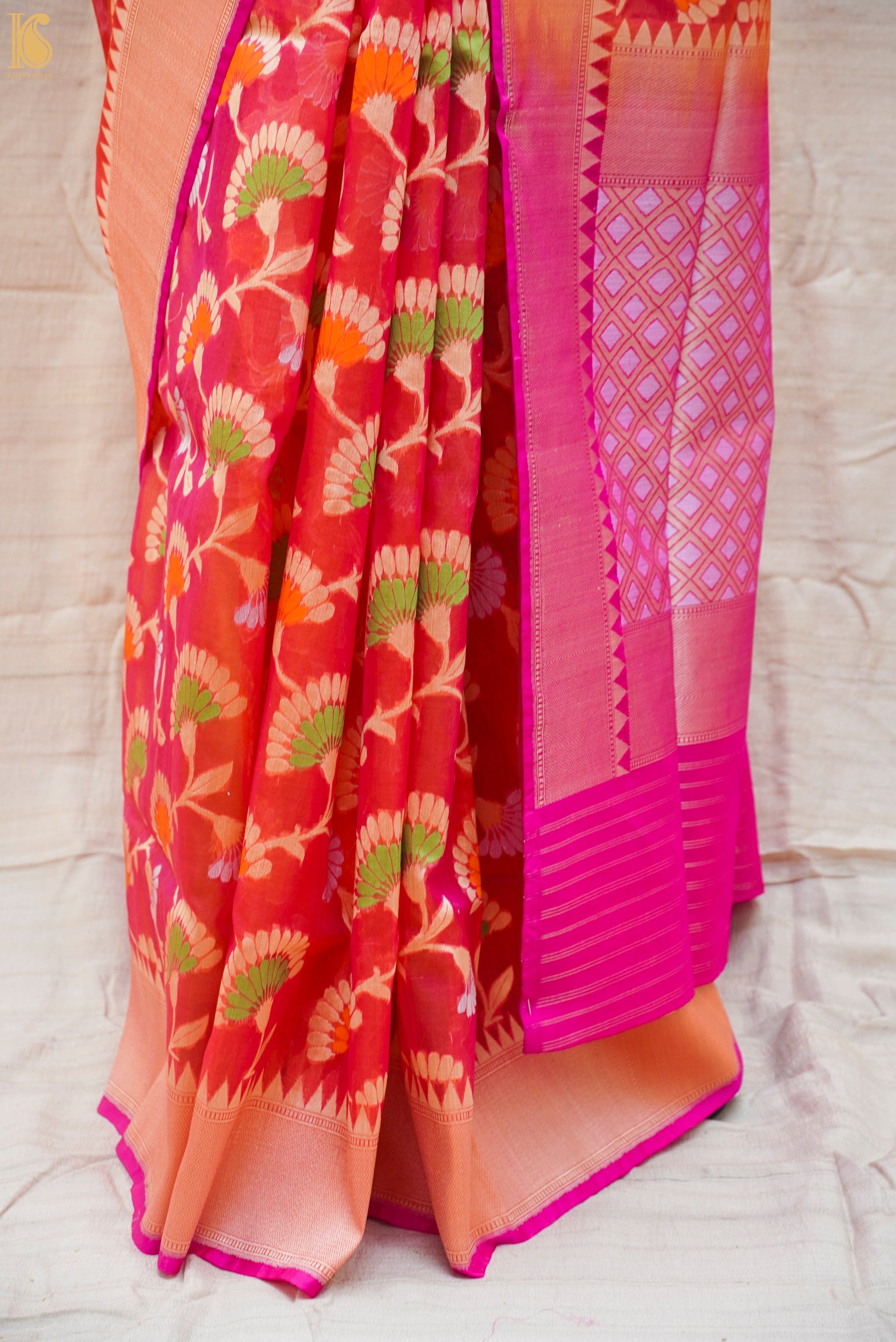 Pink & Red Pure Kora Handloom Banarasi Jaal Saree - Khinkhwab