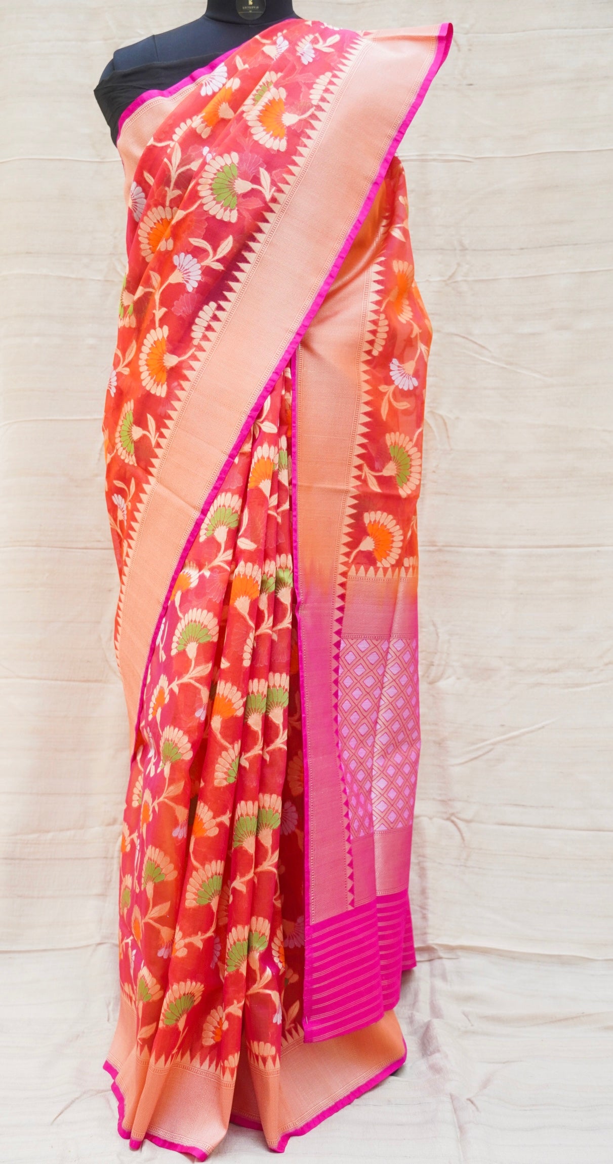 Pink & Red Pure Kora Handloom Banarasi Jaal Saree - Khinkhwab