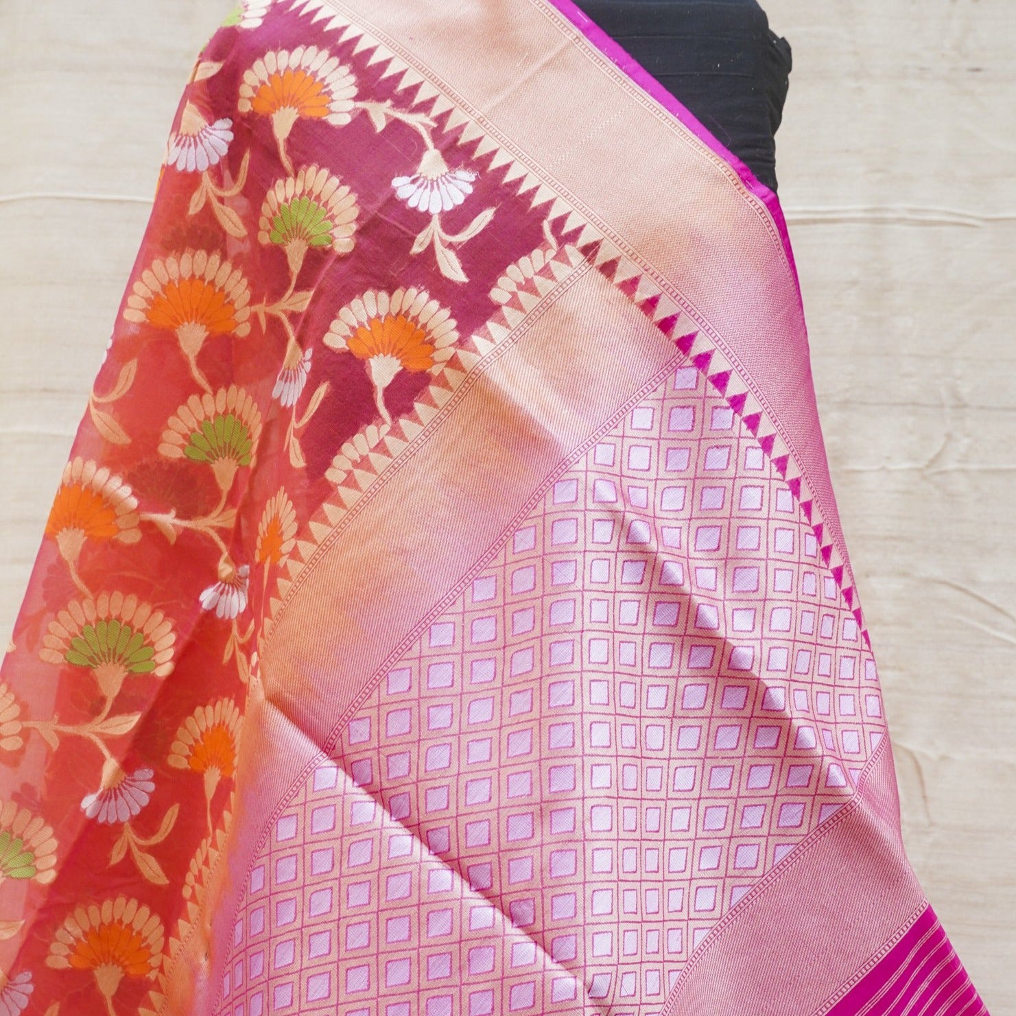 Pink & Red Pure Kora Handloom Banarasi Jaal Saree - Khinkhwab