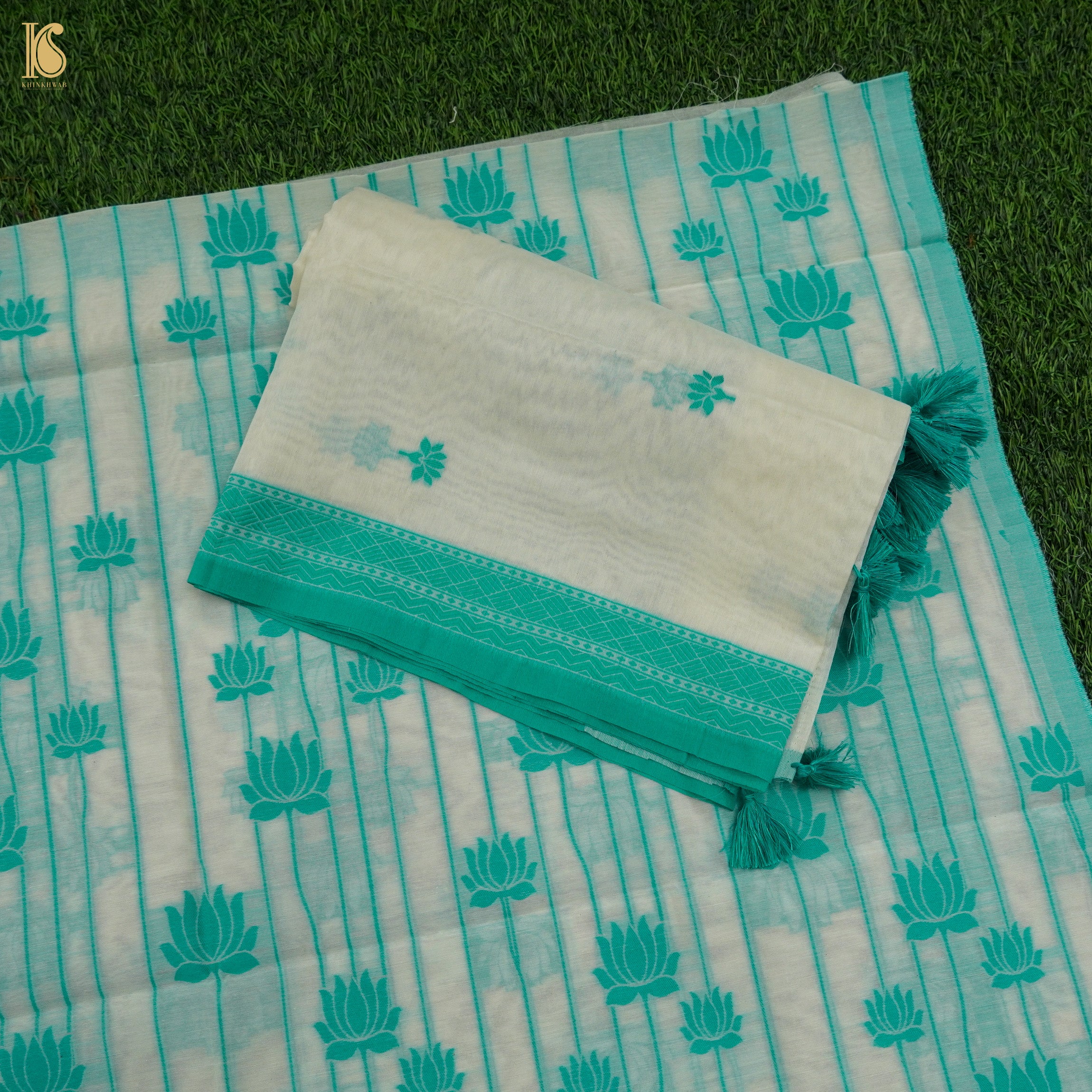 White & Green Pure Cotton Silk Banarasi Suit Set - Khinkhwab