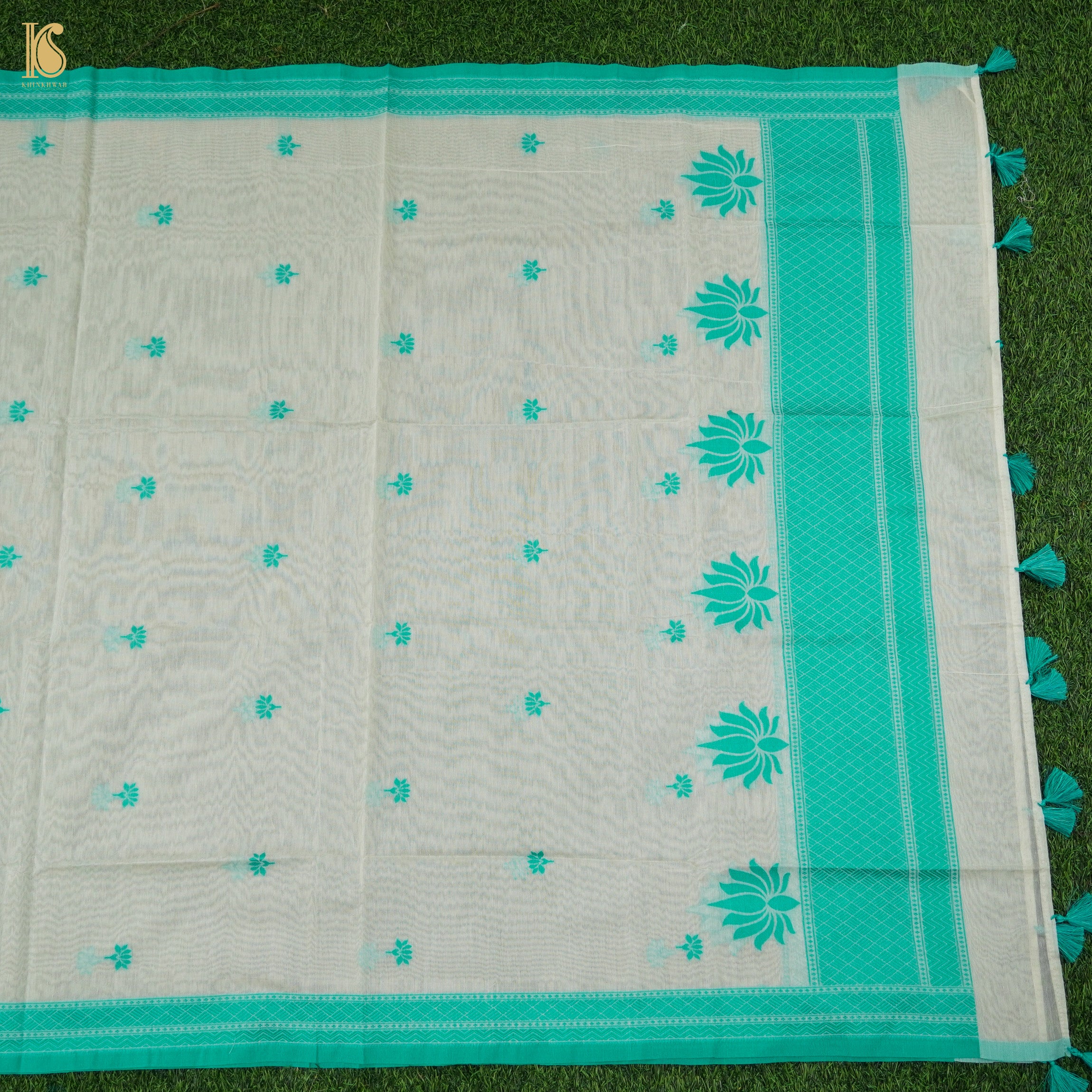 White & Green Pure Cotton Silk Banarasi Suit Set - Khinkhwab