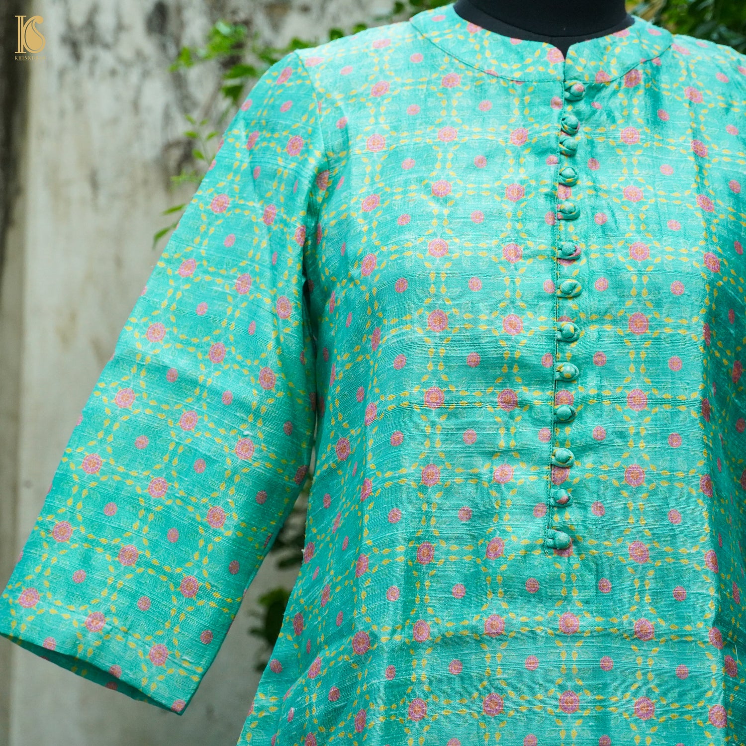 KARANFİL - Turquoise Pure Raw Silk Print Fabric - Khinkhwab