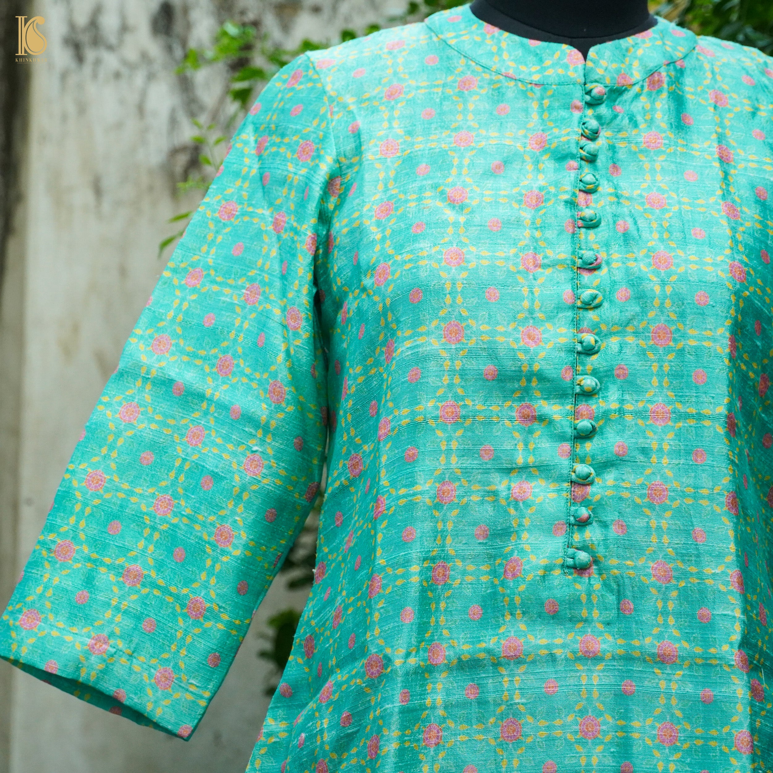 KARANFİL - Turquoise Pure Raw Silk Print Fabric - Khinkhwab