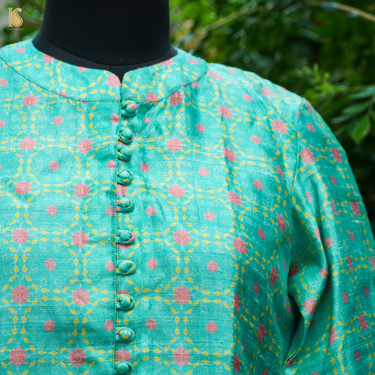 KARANFİL - Turquoise Pure Raw Silk Print Fabric - Khinkhwab