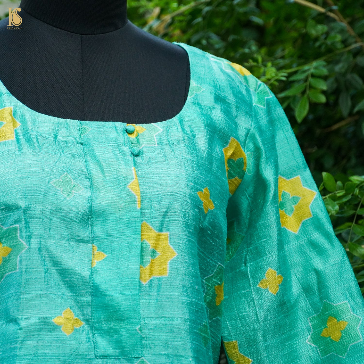 SITARA - Turquoise Pure Raw Silk Print Fabric - Khinkhwab