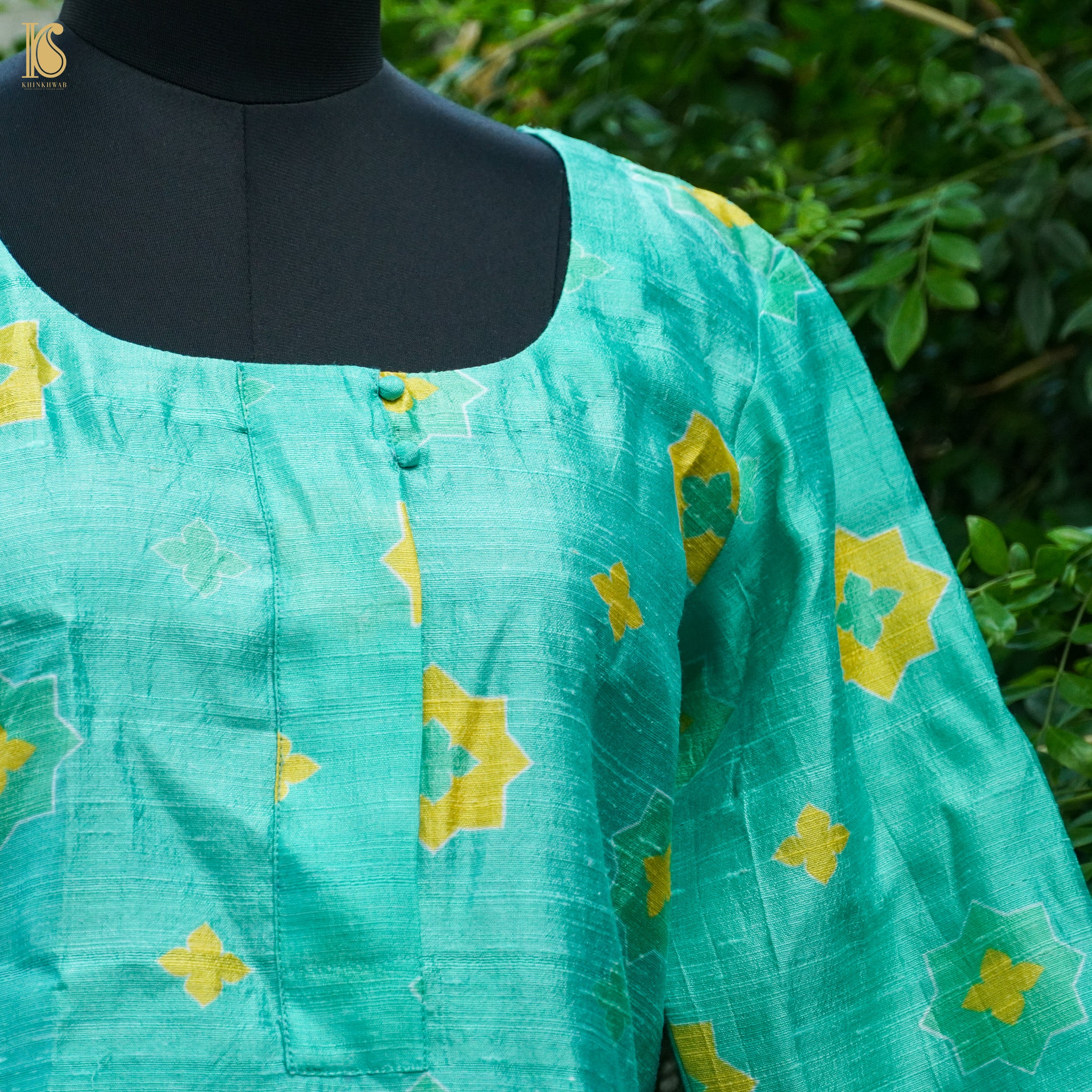 SITARA - Turquoise Pure Raw Silk Print Fabric - Khinkhwab