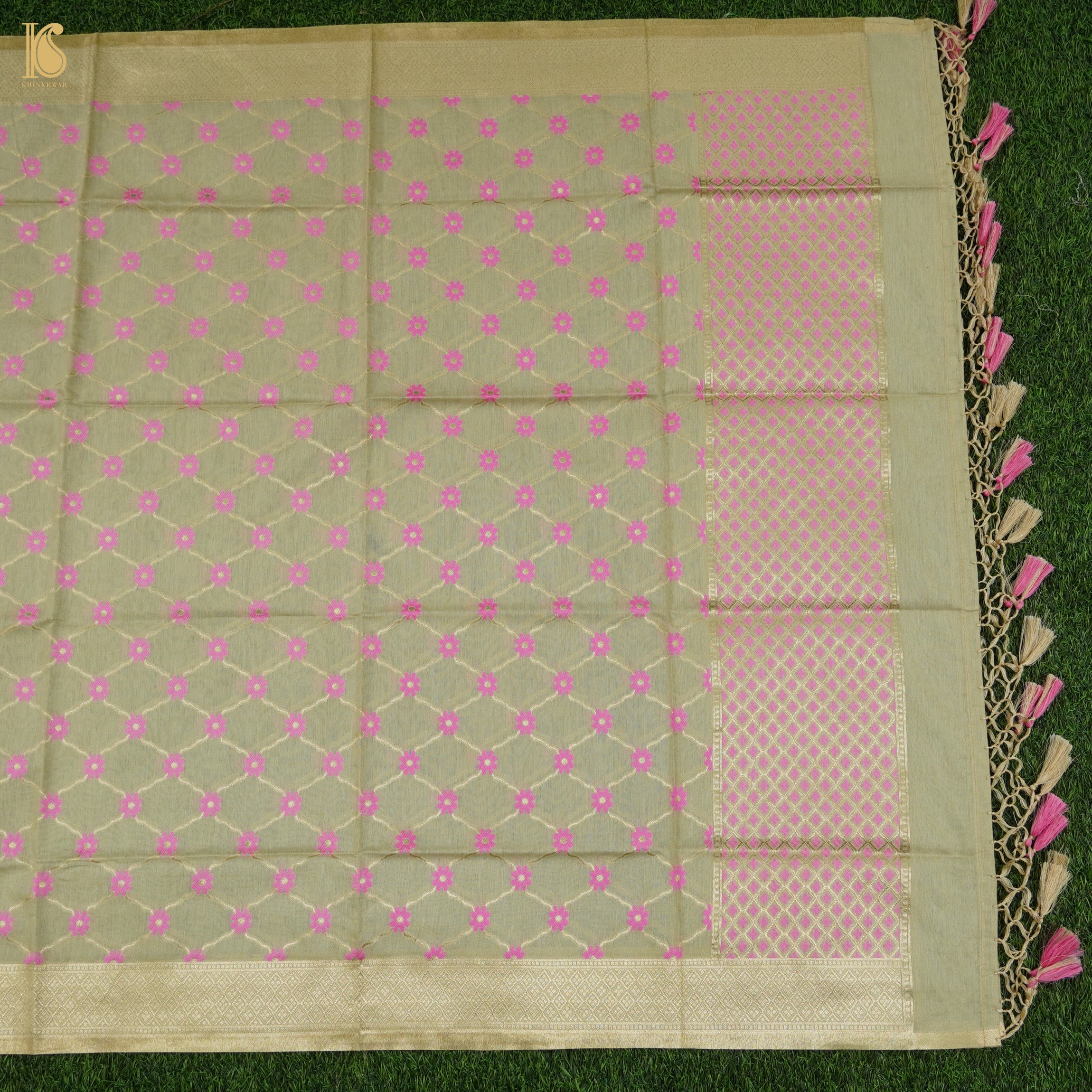 Beige & Pink Pure Cotton Silk Banarasi Suit Set - Khinkhwab