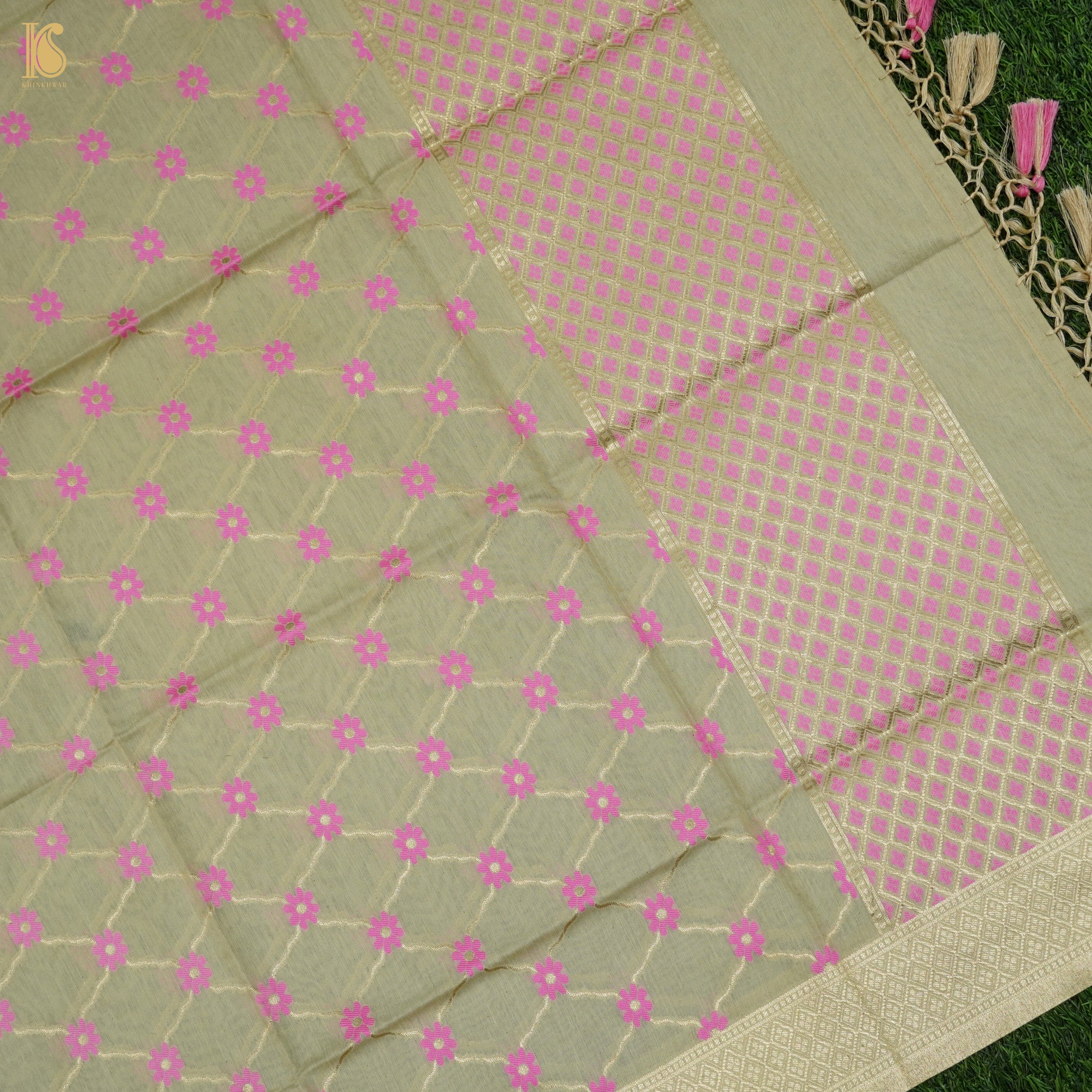 Beige & Pink Pure Cotton Silk Banarasi Suit Set - Khinkhwab