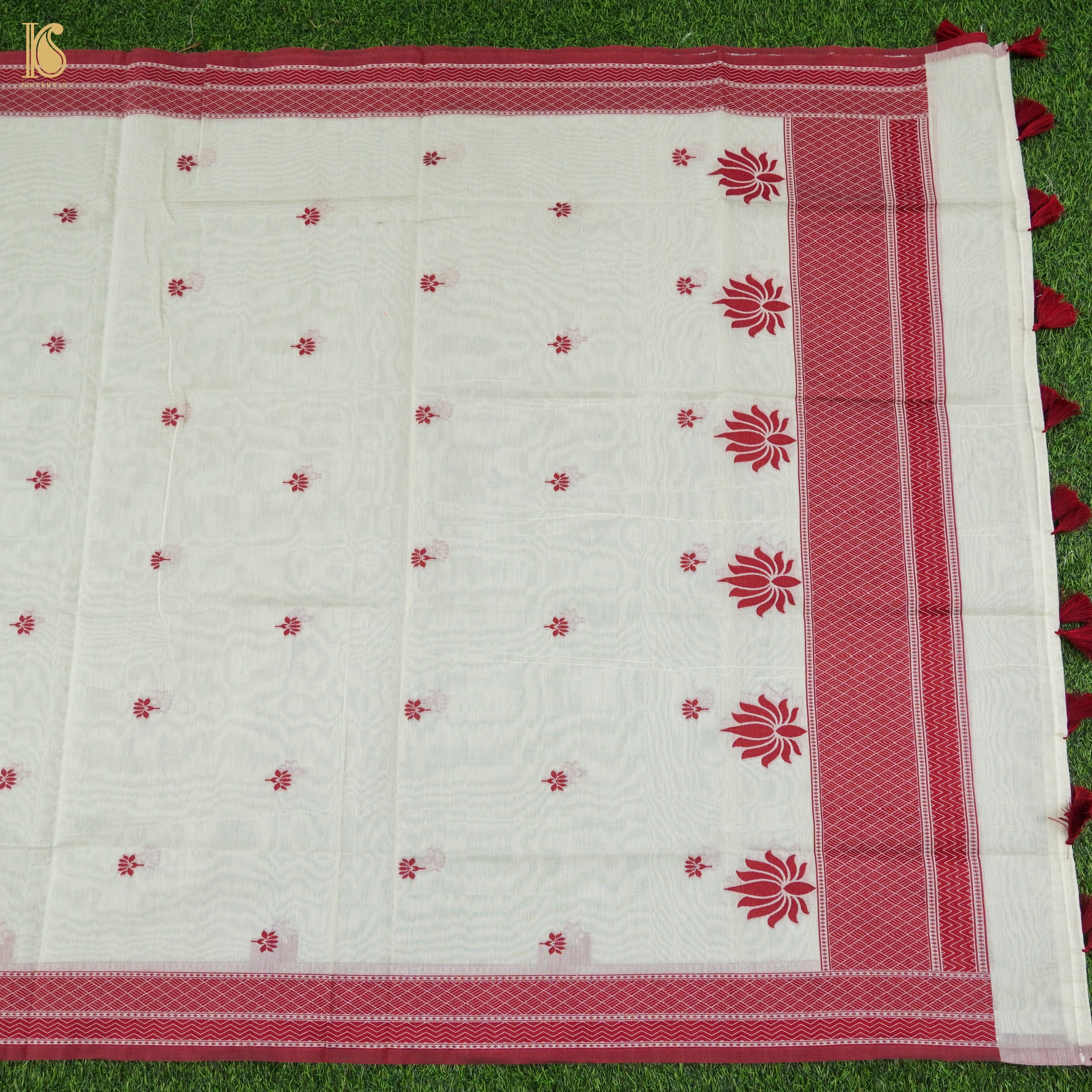 White & Red Pure Cotton Silk Banarasi Suit Set - Khinkhwab