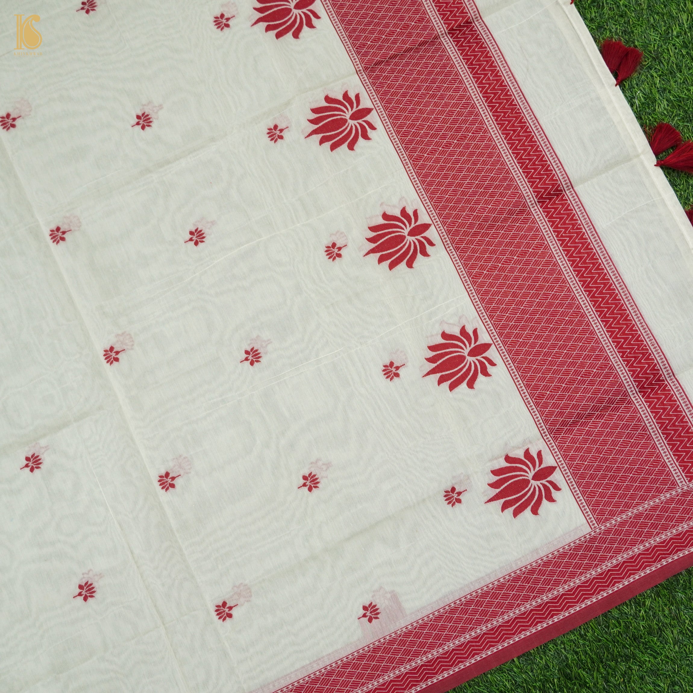 White & Red Pure Cotton Silk Banarasi Suit Set - Khinkhwab