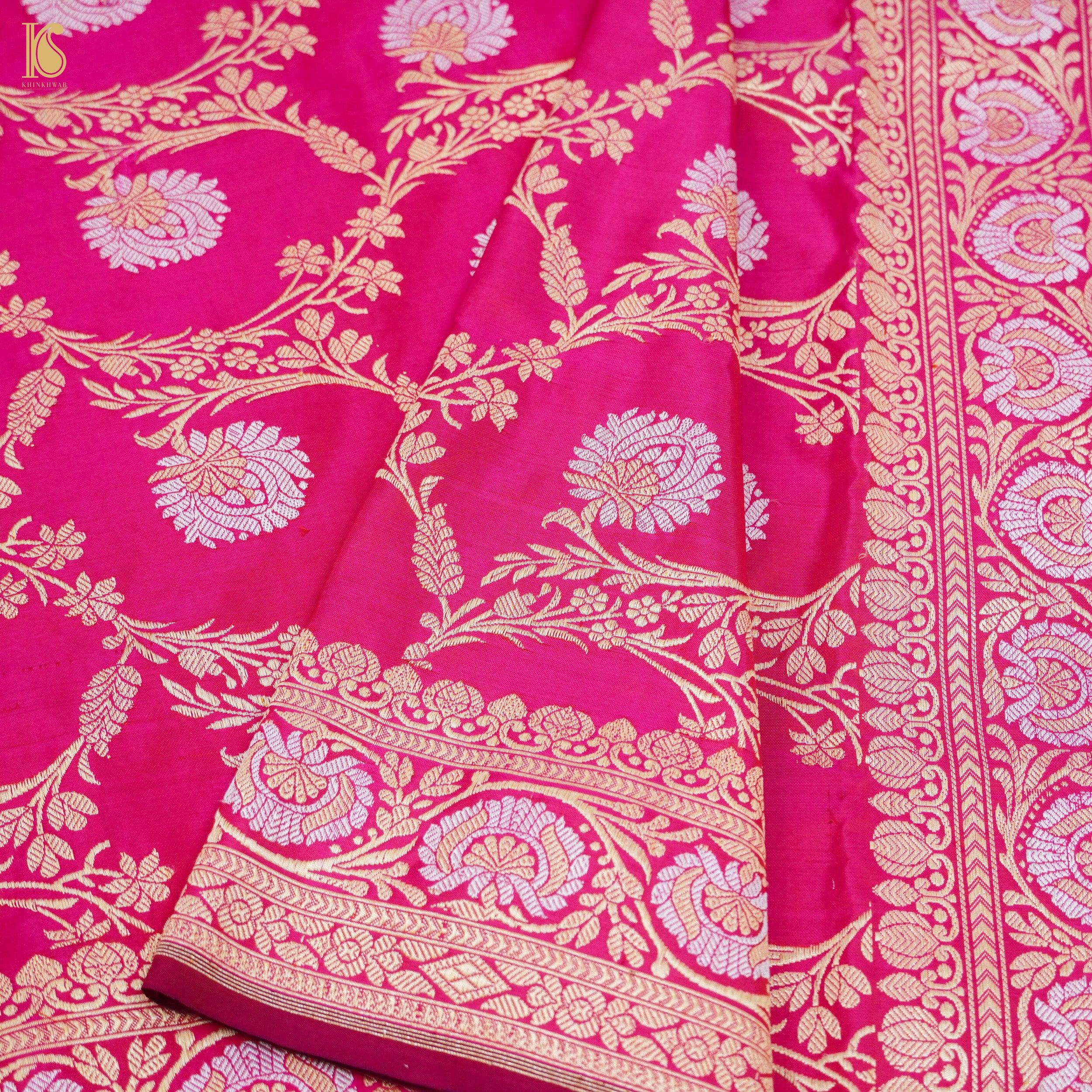 Ruby Pink Handwoven Pure Silk Real Zari Banarasi Meenakari Kadwa Saree - Khinkhwab