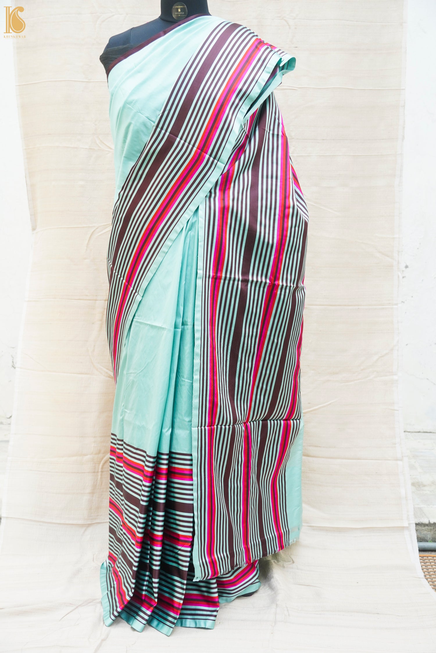 Powder Blue Handwoven Pure Mashru Silk Stripes Border Saree - Khinkhwab