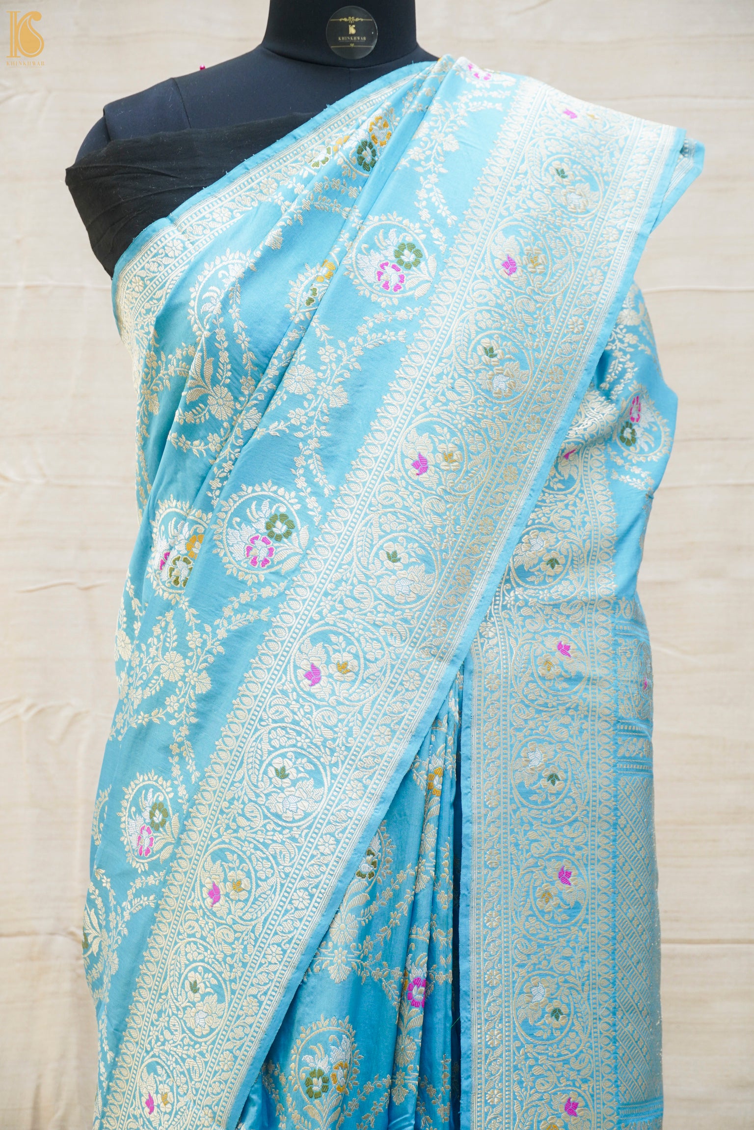 Malibu Blue Pure Katan Silk Handwoven Banarasi Kadwa Saree - Khinkhwab