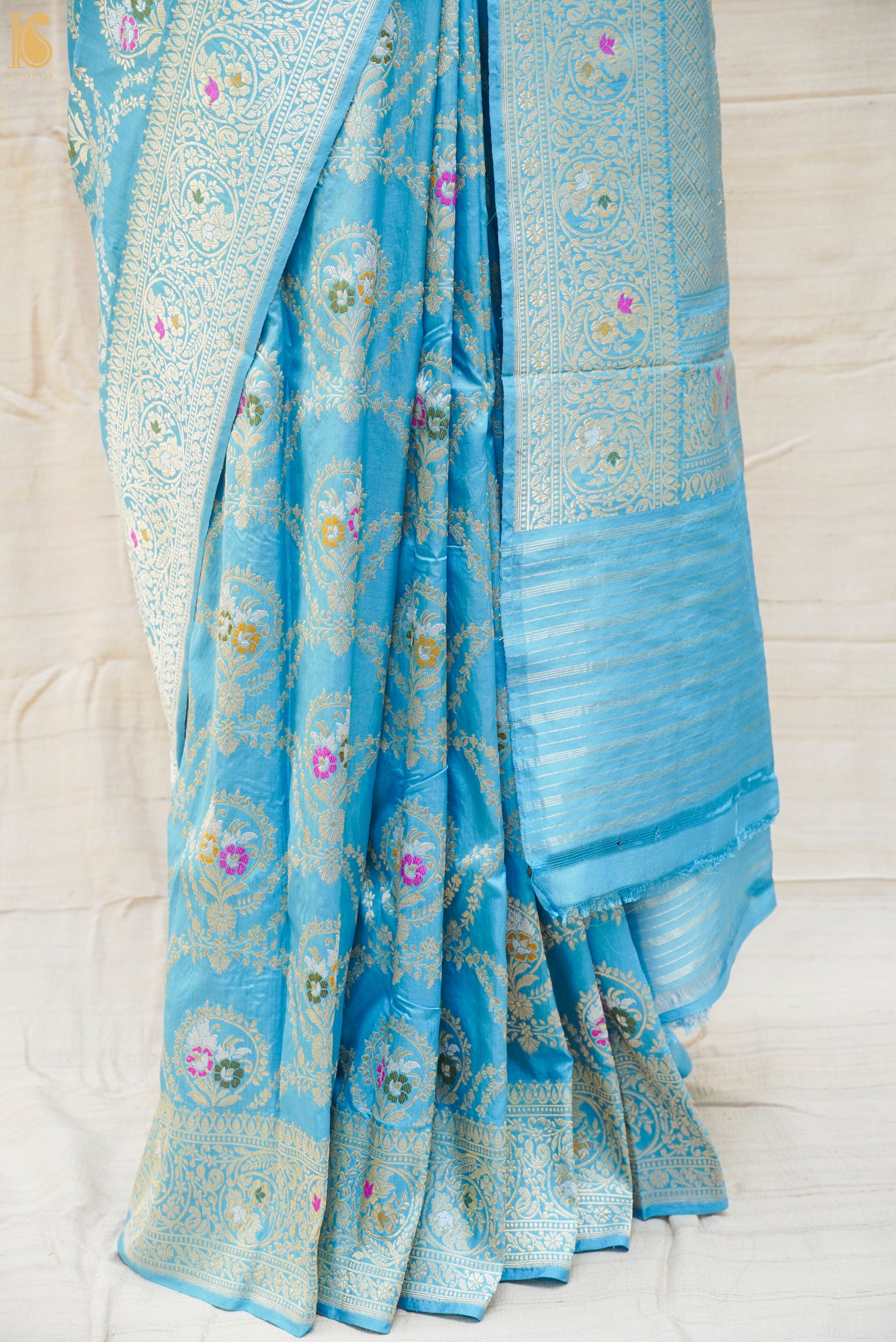 Malibu Blue Pure Katan Silk Handwoven Banarasi Kadwa Saree - Khinkhwab