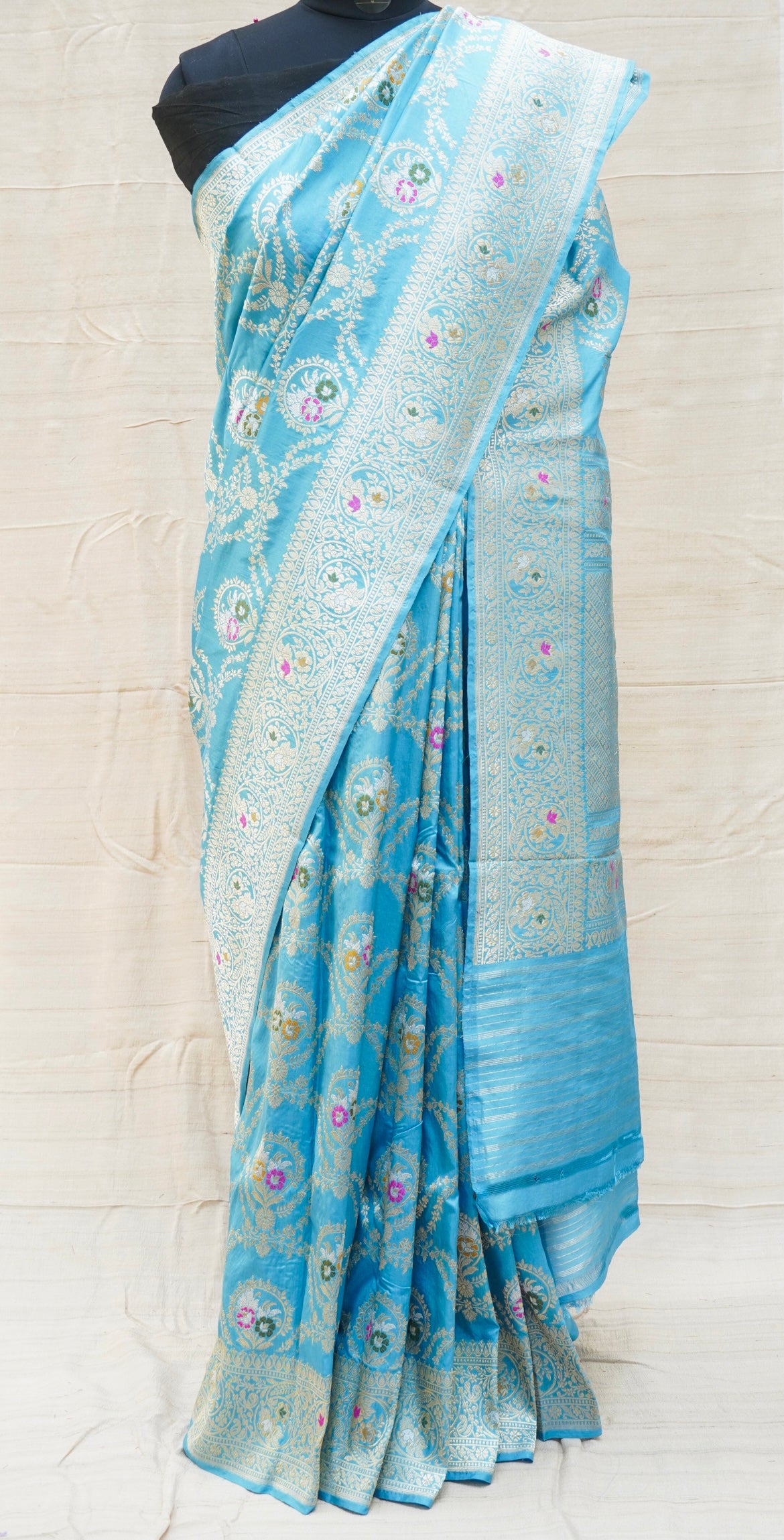 Malibu Blue Pure Katan Silk Handwoven Banarasi Kadwa Saree - Khinkhwab
