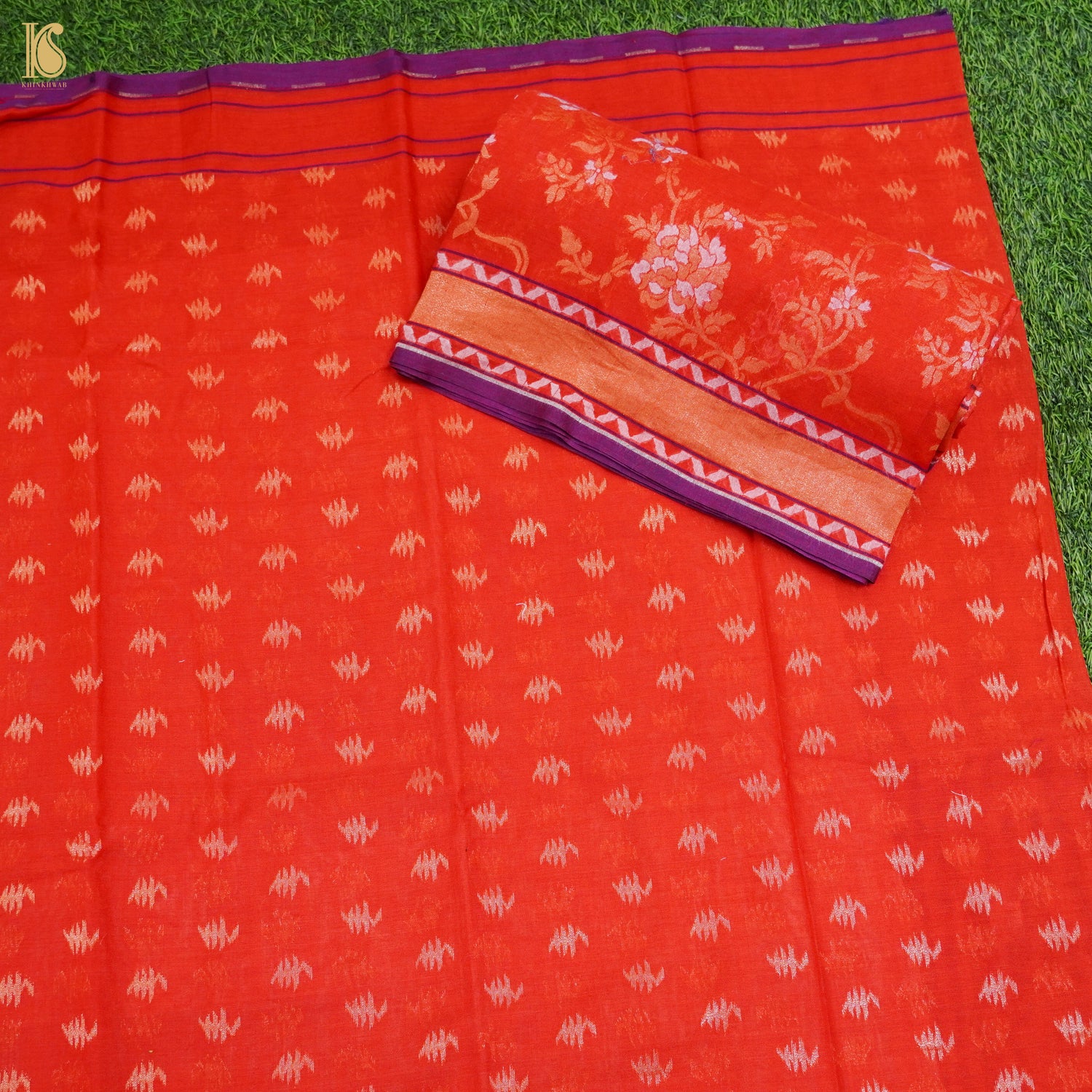 Red Orange Handloom Pure Cotton Banarasi Jamdani Ektara Suit Fabric Set - Khinkhwab
