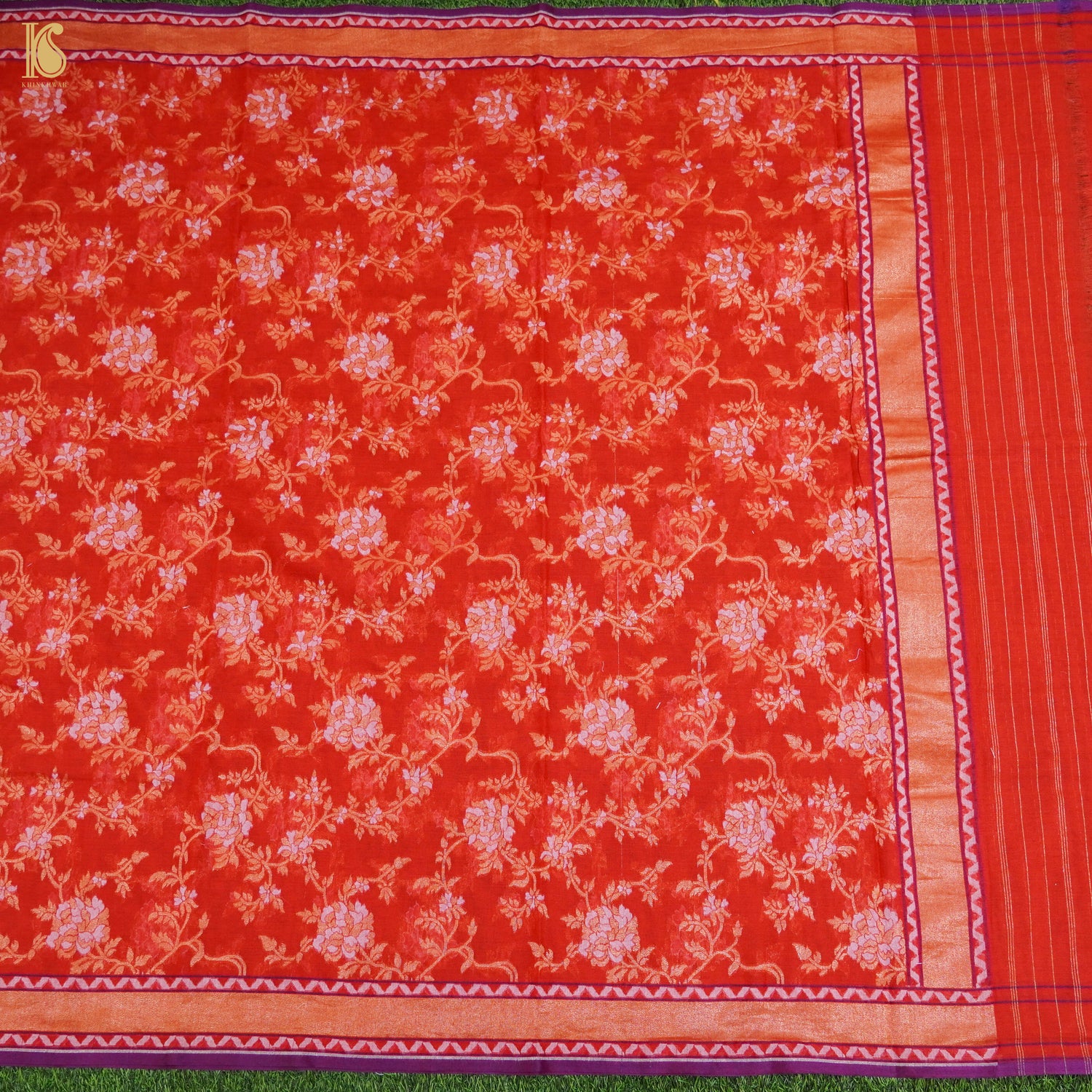 Red Orange Handloom Pure Cotton Banarasi Jamdani Ektara Suit Fabric Set - Khinkhwab