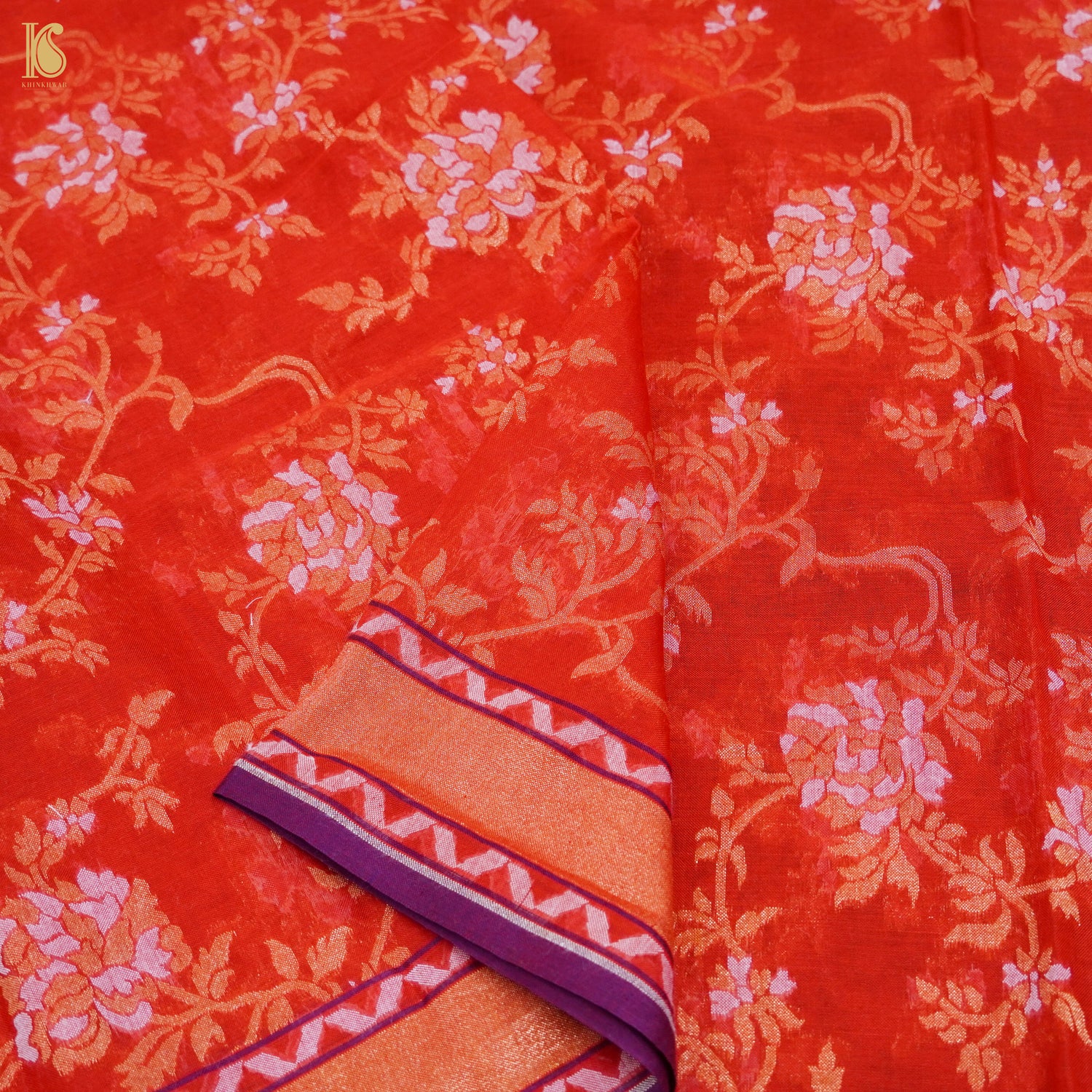 Red Orange Handloom Pure Cotton Banarasi Jamdani Ektara Suit Fabric Set - Khinkhwab
