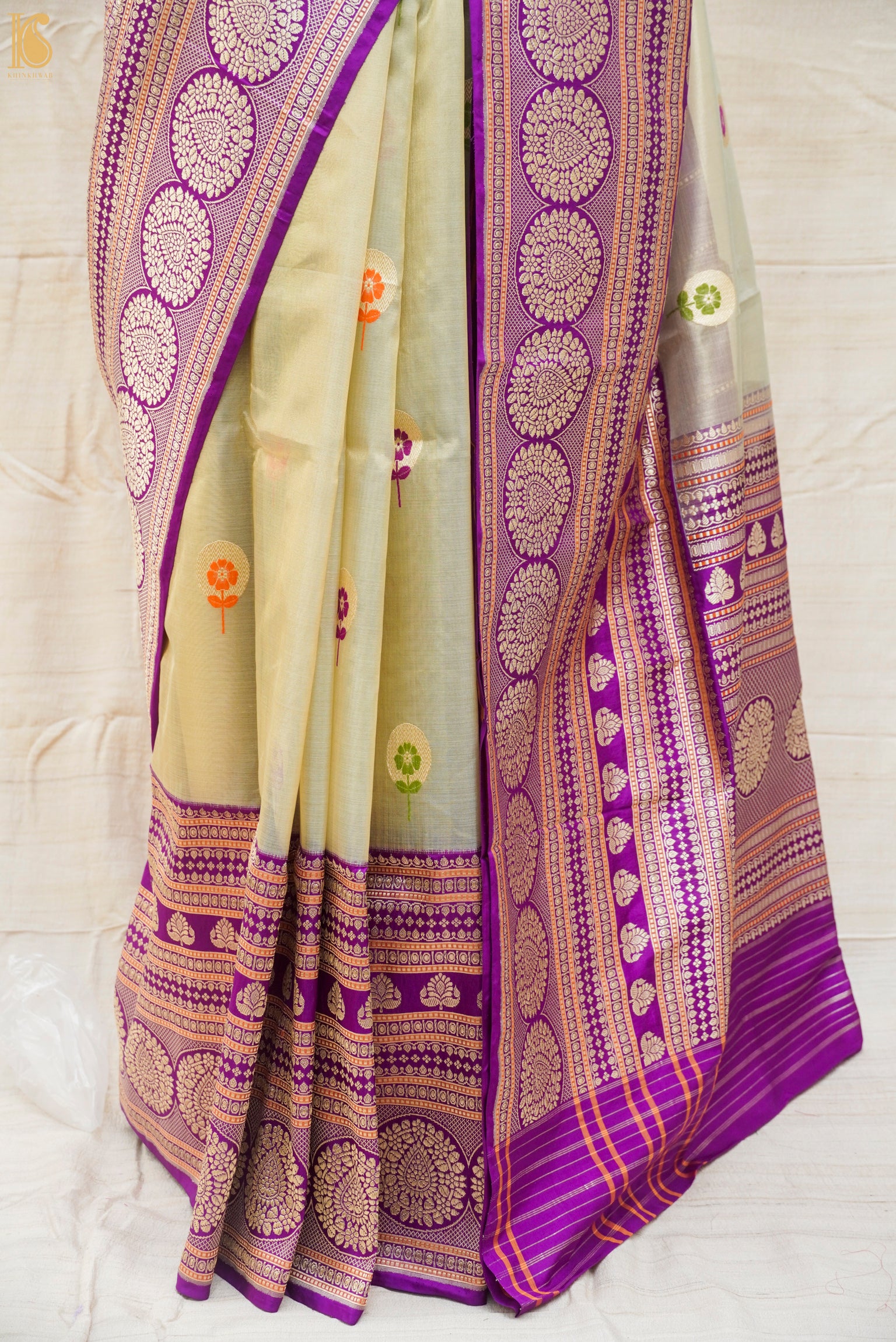 Handloom Banarasi Kora by Tissue Kadwa Green White Saree - Khinkhwab