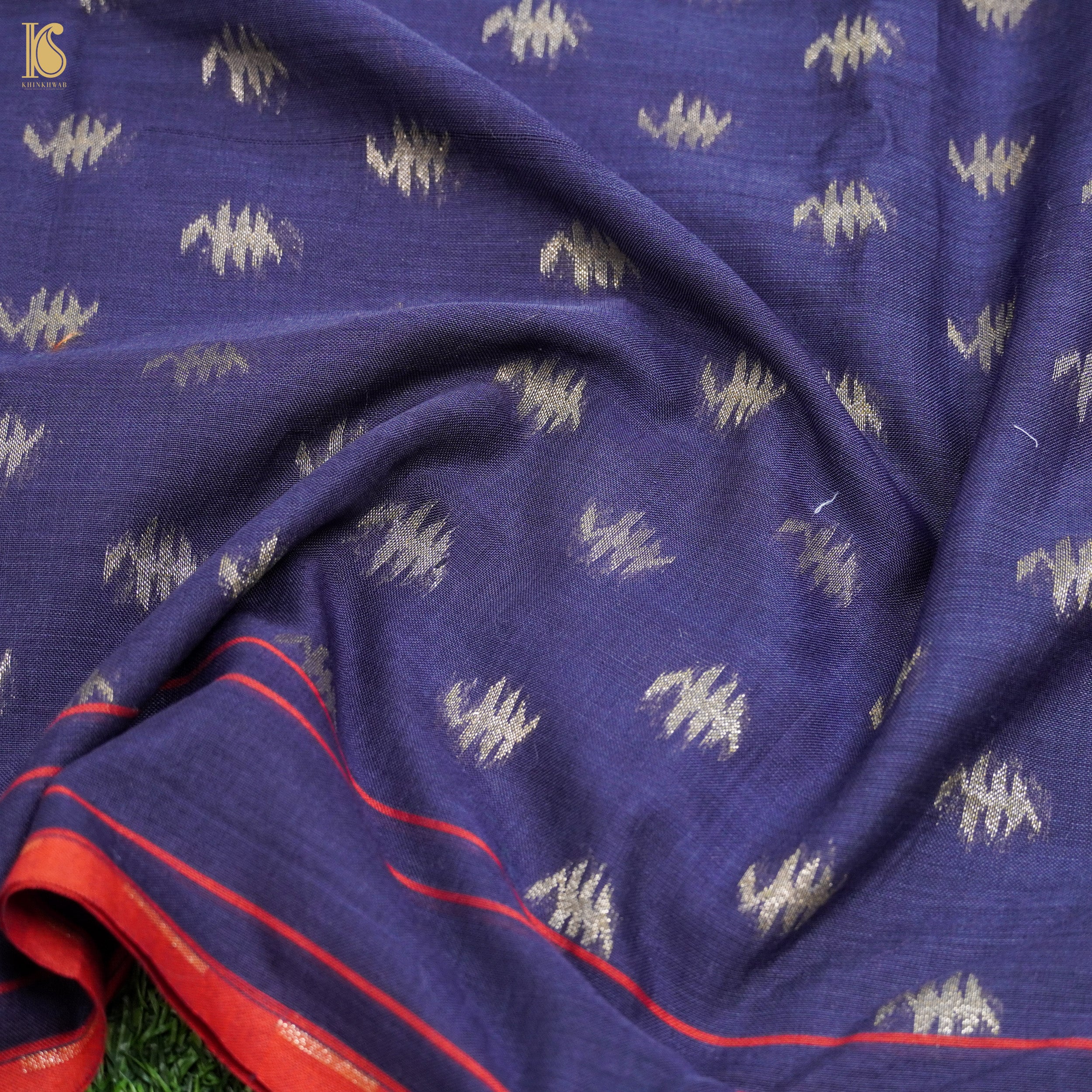 Blue Handloom Pure Cotton Banarasi Jamdani Ektara Suit Fabric Set - Khinkhwab