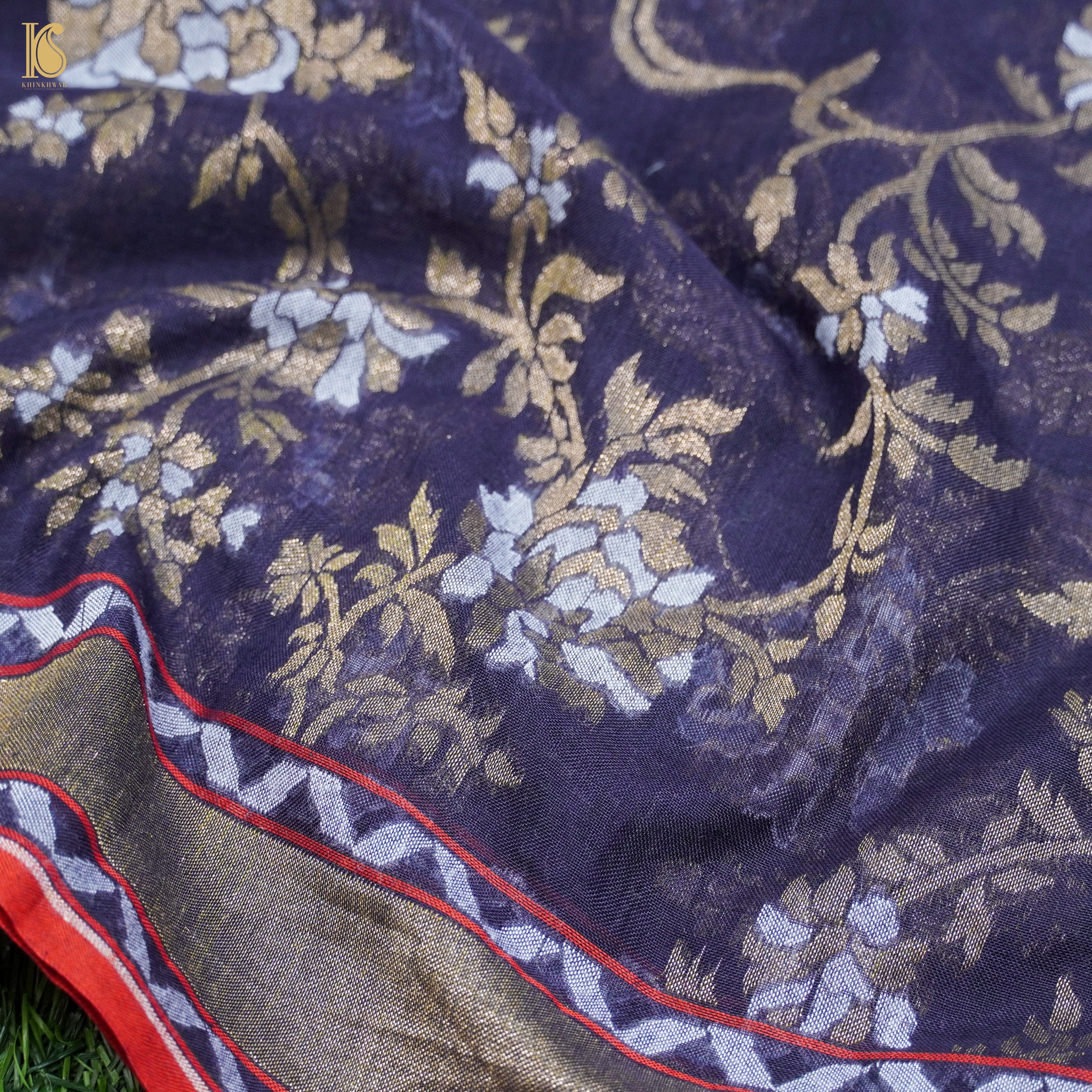Blue Handloom Pure Cotton Banarasi Jamdani Ektara Suit Fabric Set - Khinkhwab