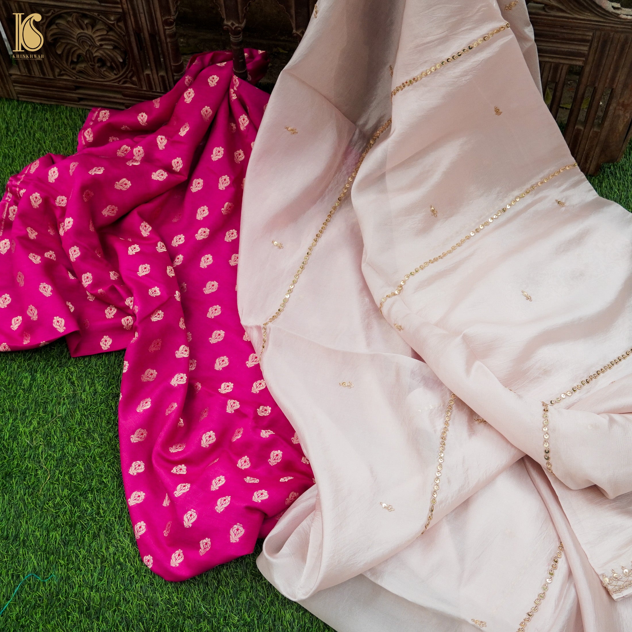Wild Strawberry Pink Pure Moonga Silk Handloom Banarasi Suit Fabric - Khinkhwab