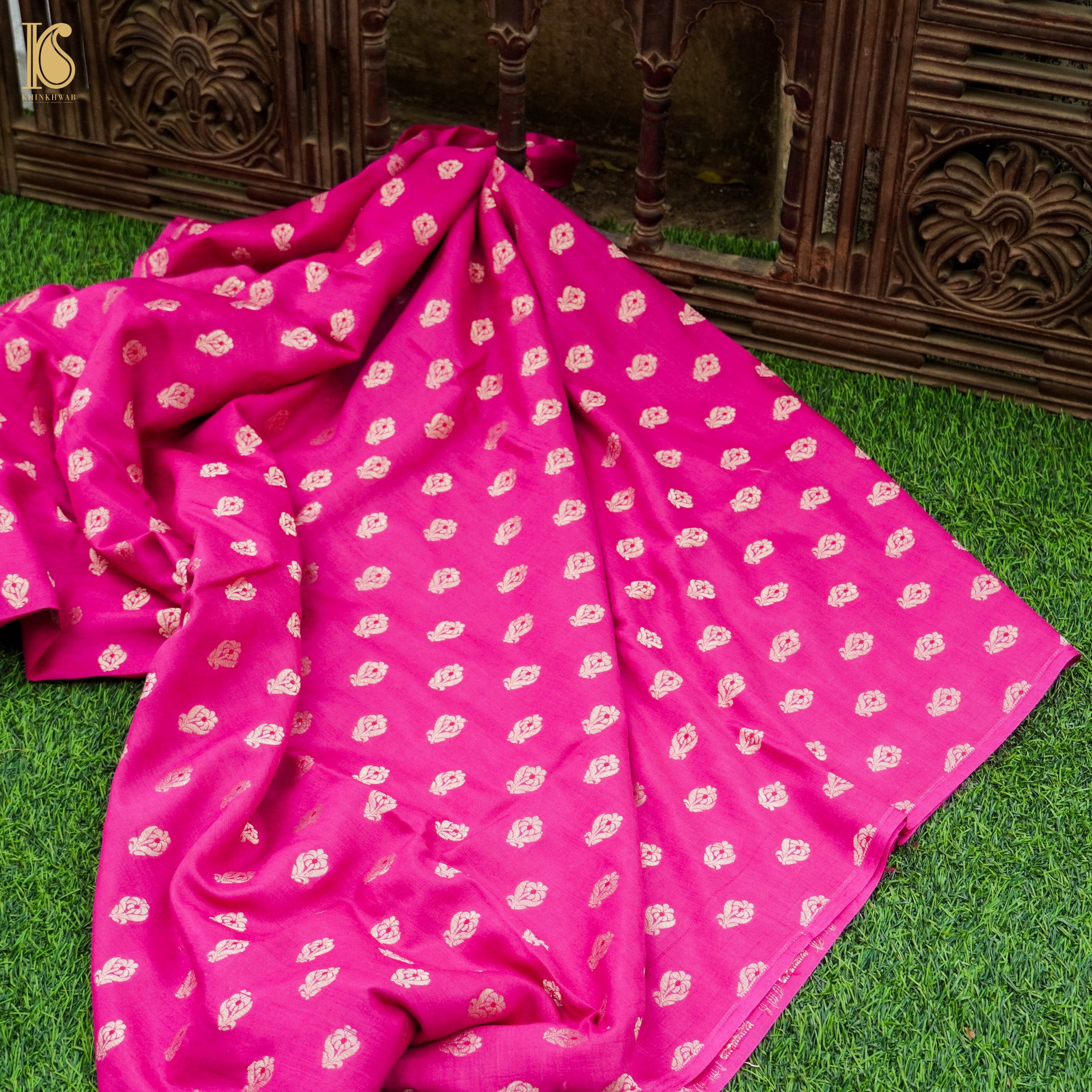 Wild Strawberry Pink Pure Moonga Silk Handloom Banarasi Suit Fabric - Khinkhwab