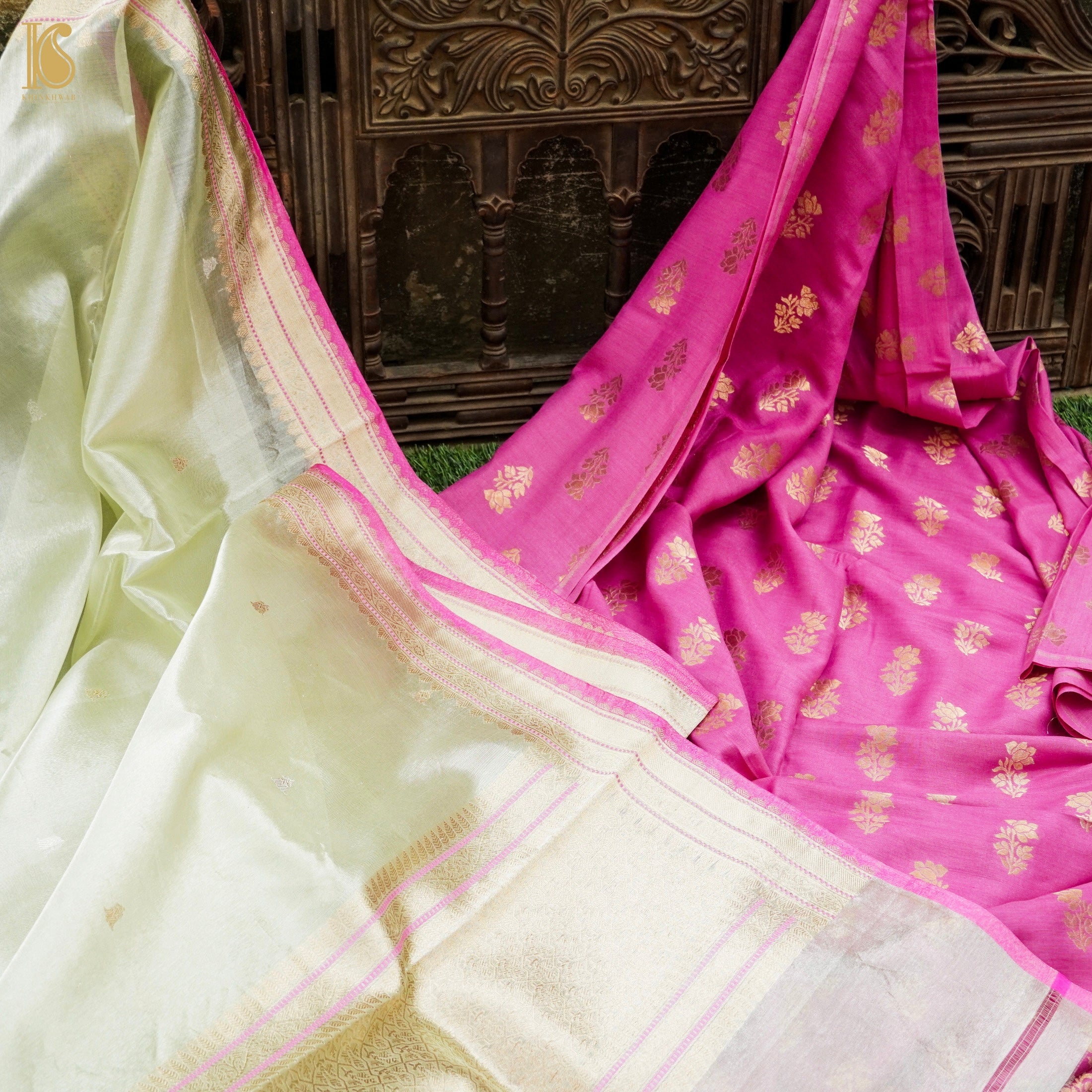 Persian Pink Pure Moonga Silk Handloom Banarasi Suit Fabric - Khinkhwab