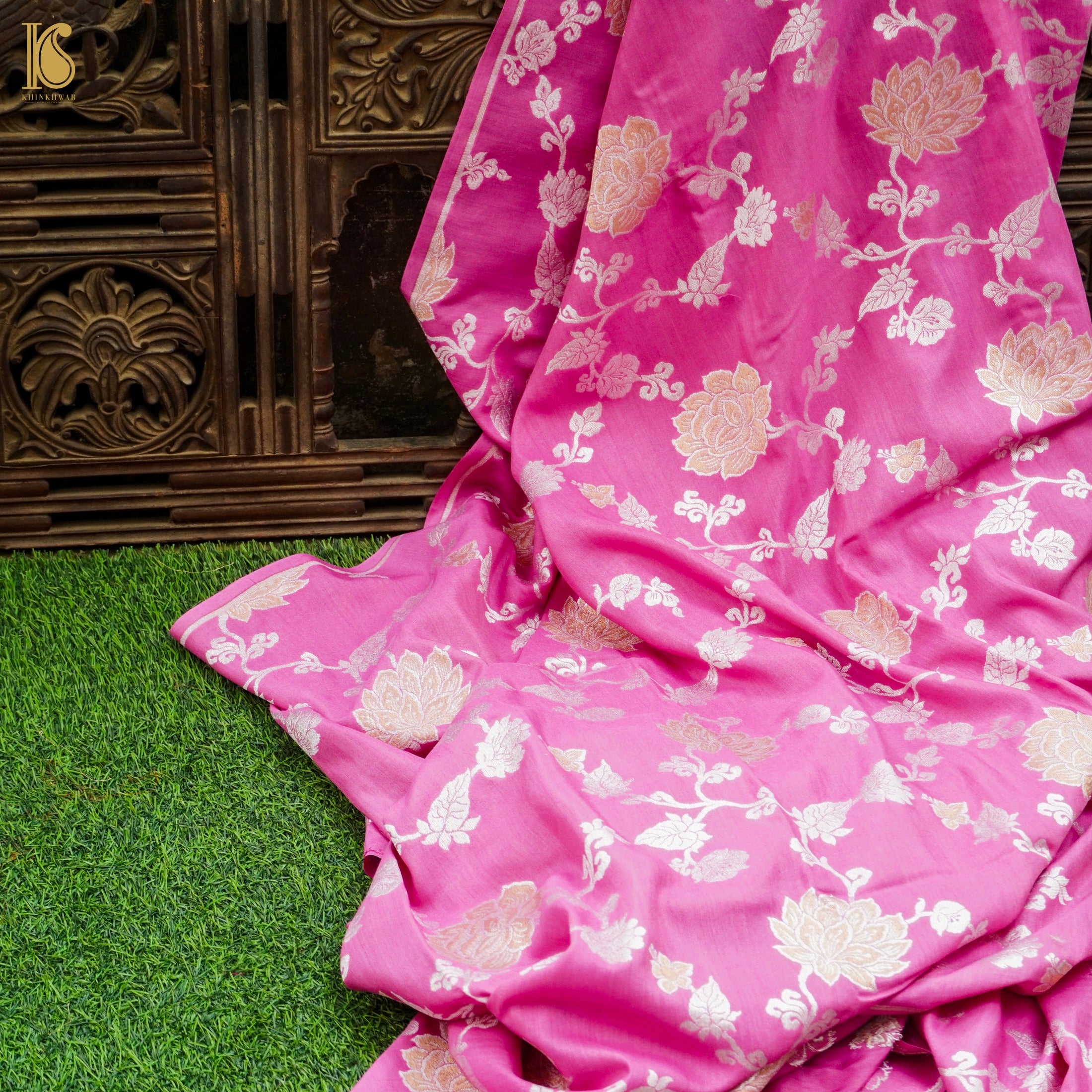 Hopbush Pink Pure Moonga Silk Handloom Banarasi Suit Fabric - Khinkhwab