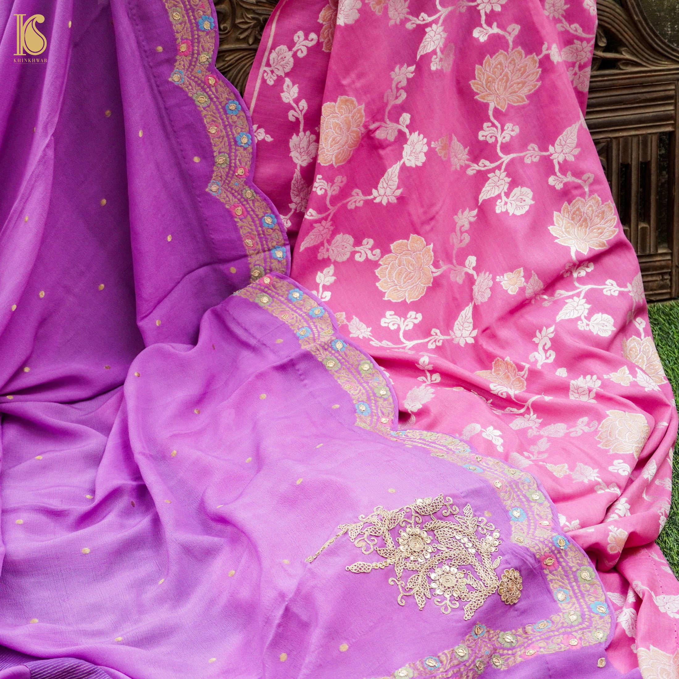 Hopbush Pink Pure Moonga Silk Handloom Banarasi Suit Fabric - Khinkhwab
