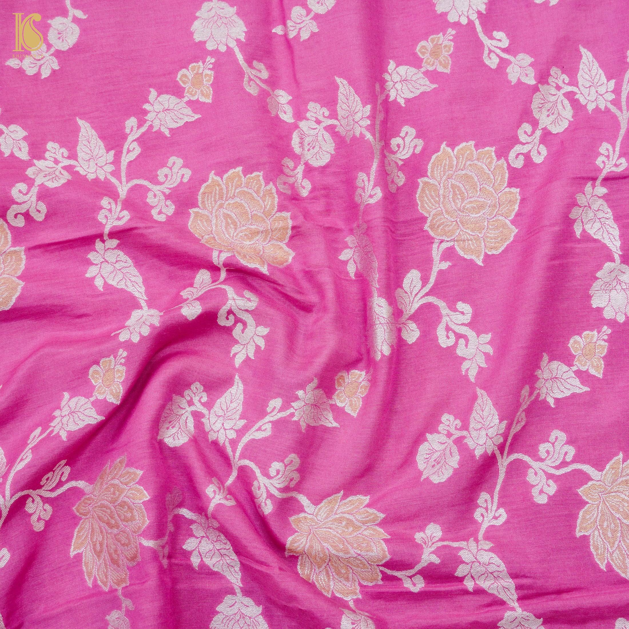 Hopbush Pink Pure Moonga Silk Handloom Banarasi Suit Fabric - Khinkhwab