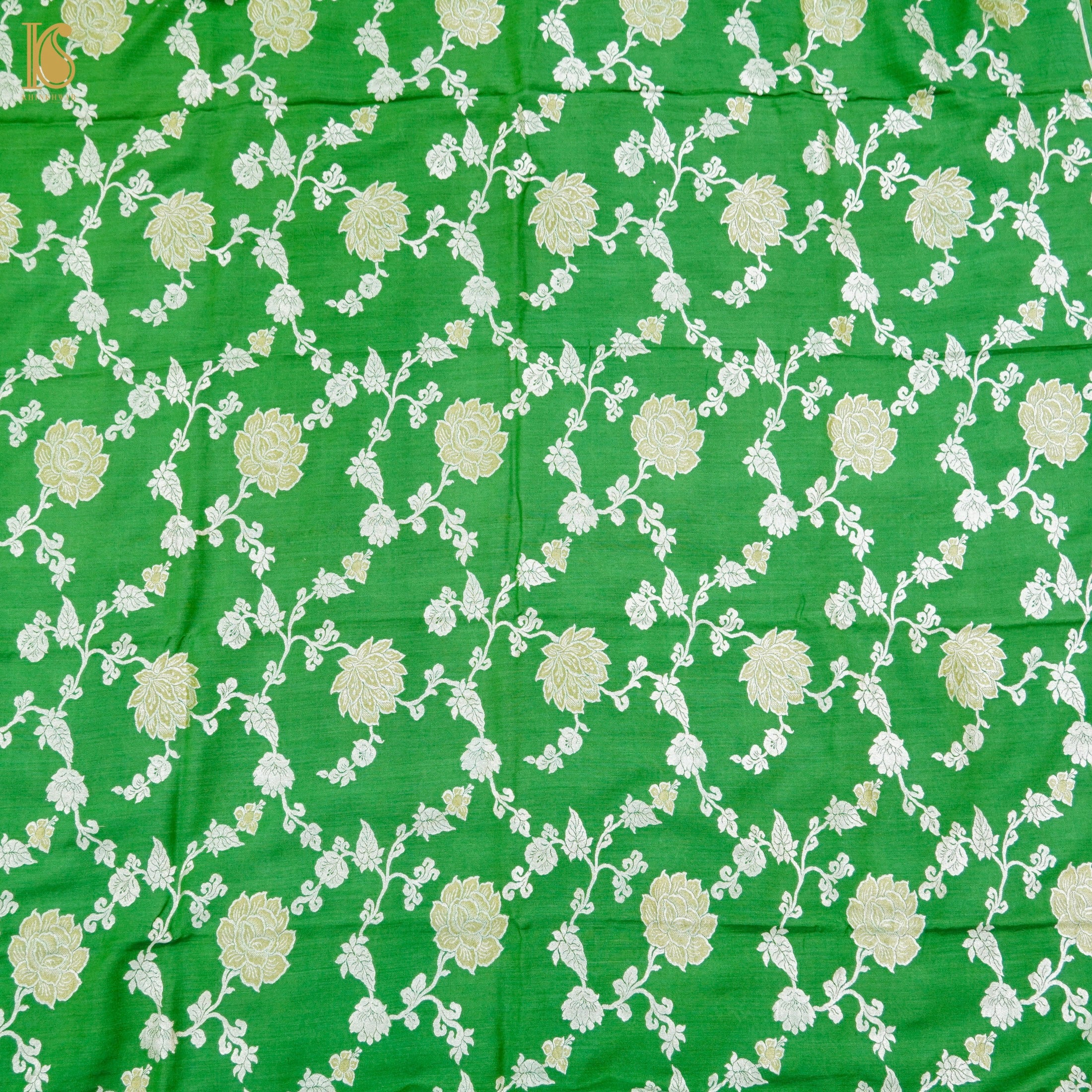 Chateau Green Pure Moonga Silk Handloom Banarasi Suit Fabric - Khinkhwab