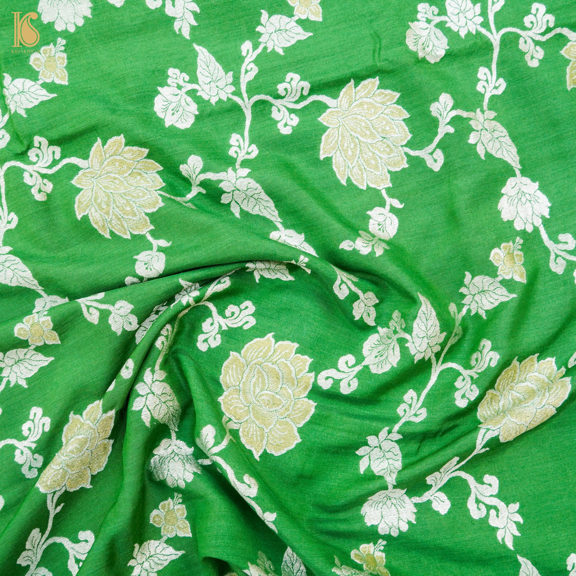 Chateau Green Pure Moonga Silk Handloom Banarasi Suit Fabric - Khinkhwab