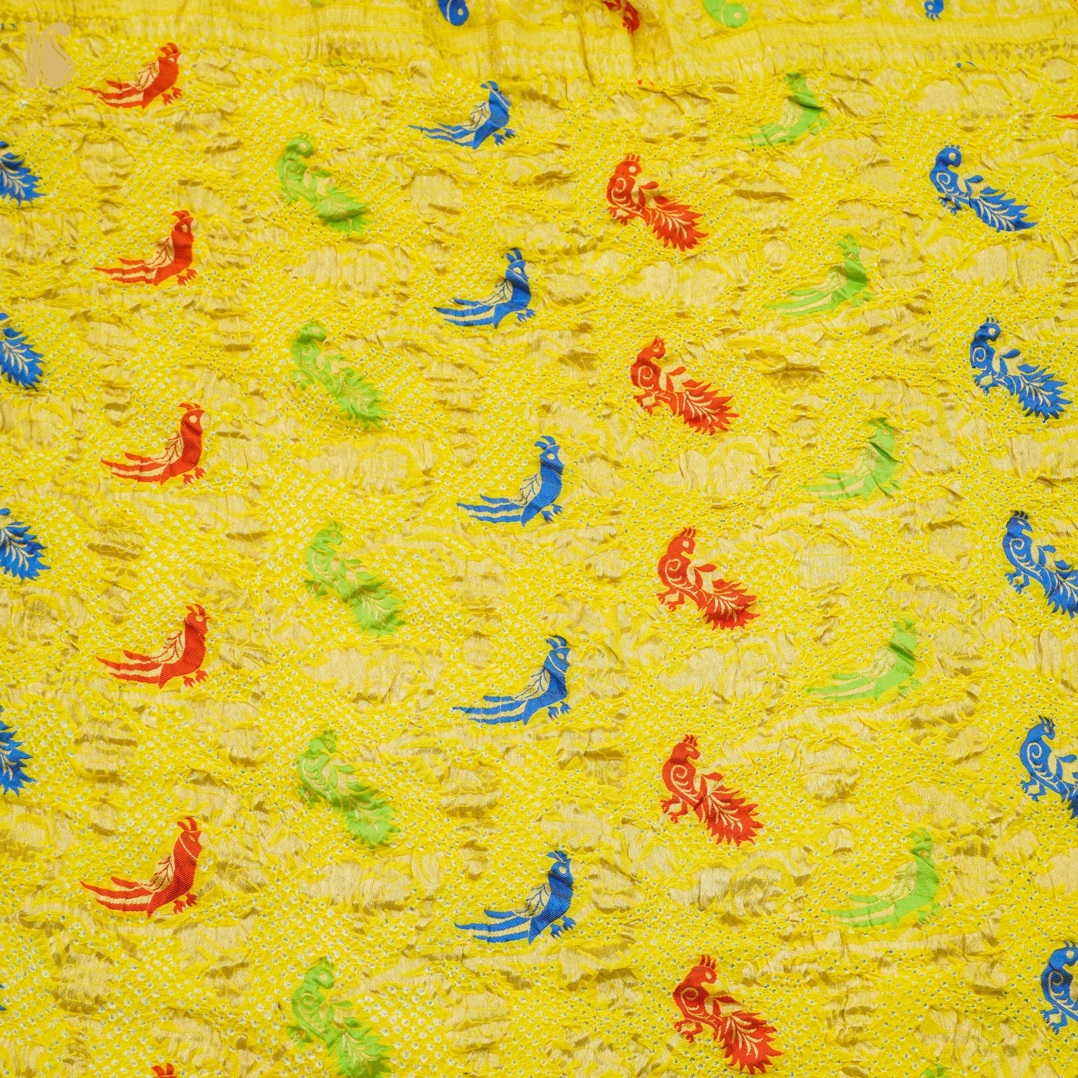 Sunflower Yellow Handloom Banarasi Pure Georgette Birds Bandhani Saree - Khinkhwab