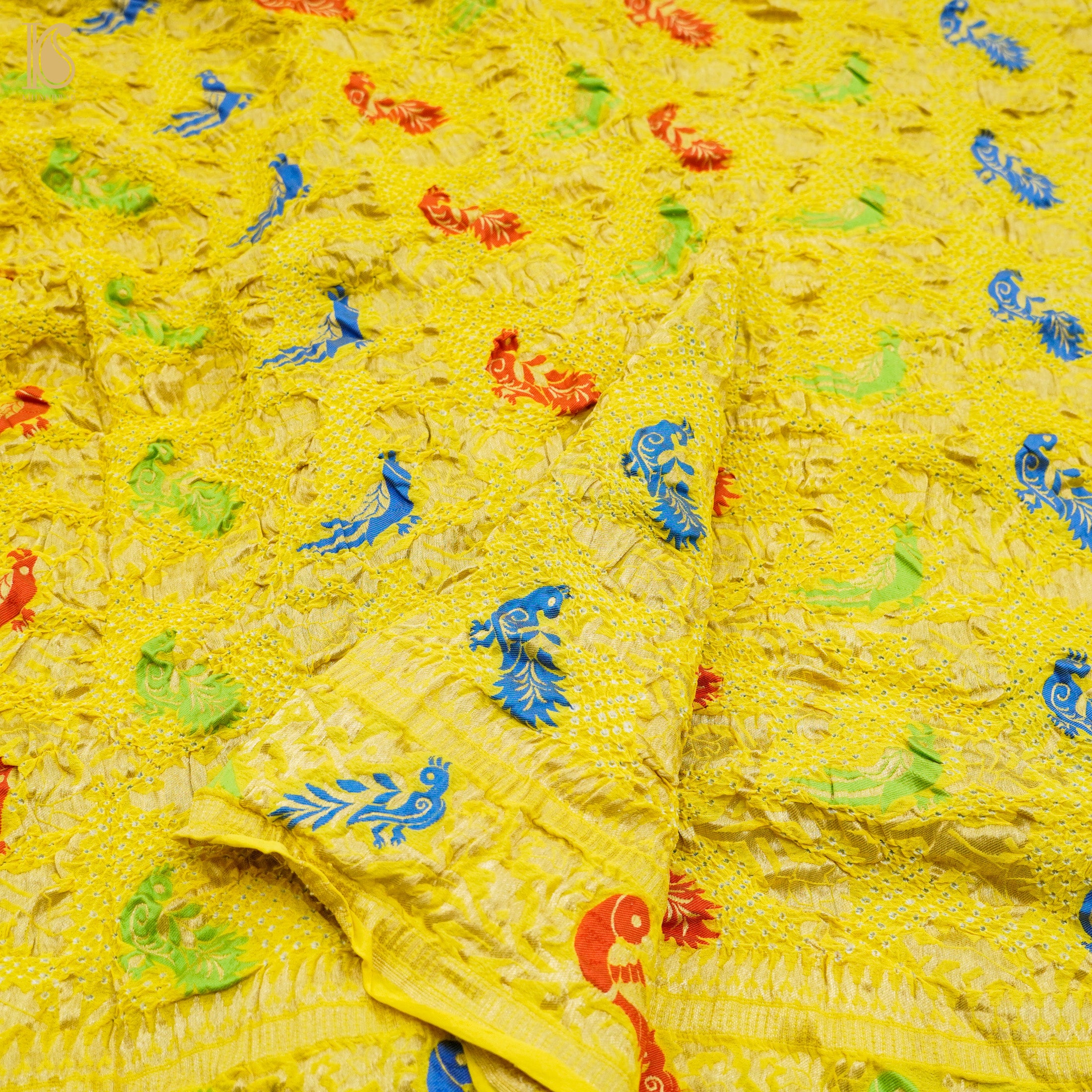 Sunflower Yellow Handloom Banarasi Pure Georgette Birds Bandhani Saree - Khinkhwab