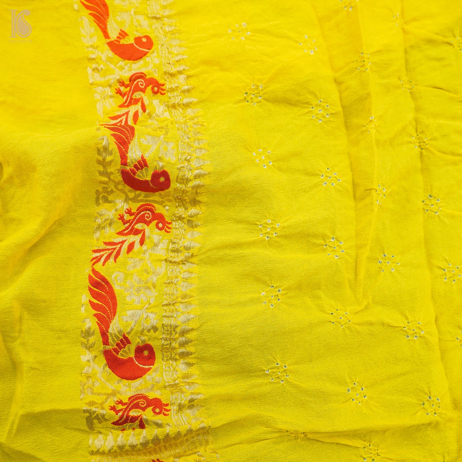 Sunflower Yellow Handloom Banarasi Pure Georgette Birds Bandhani Saree - Khinkhwab
