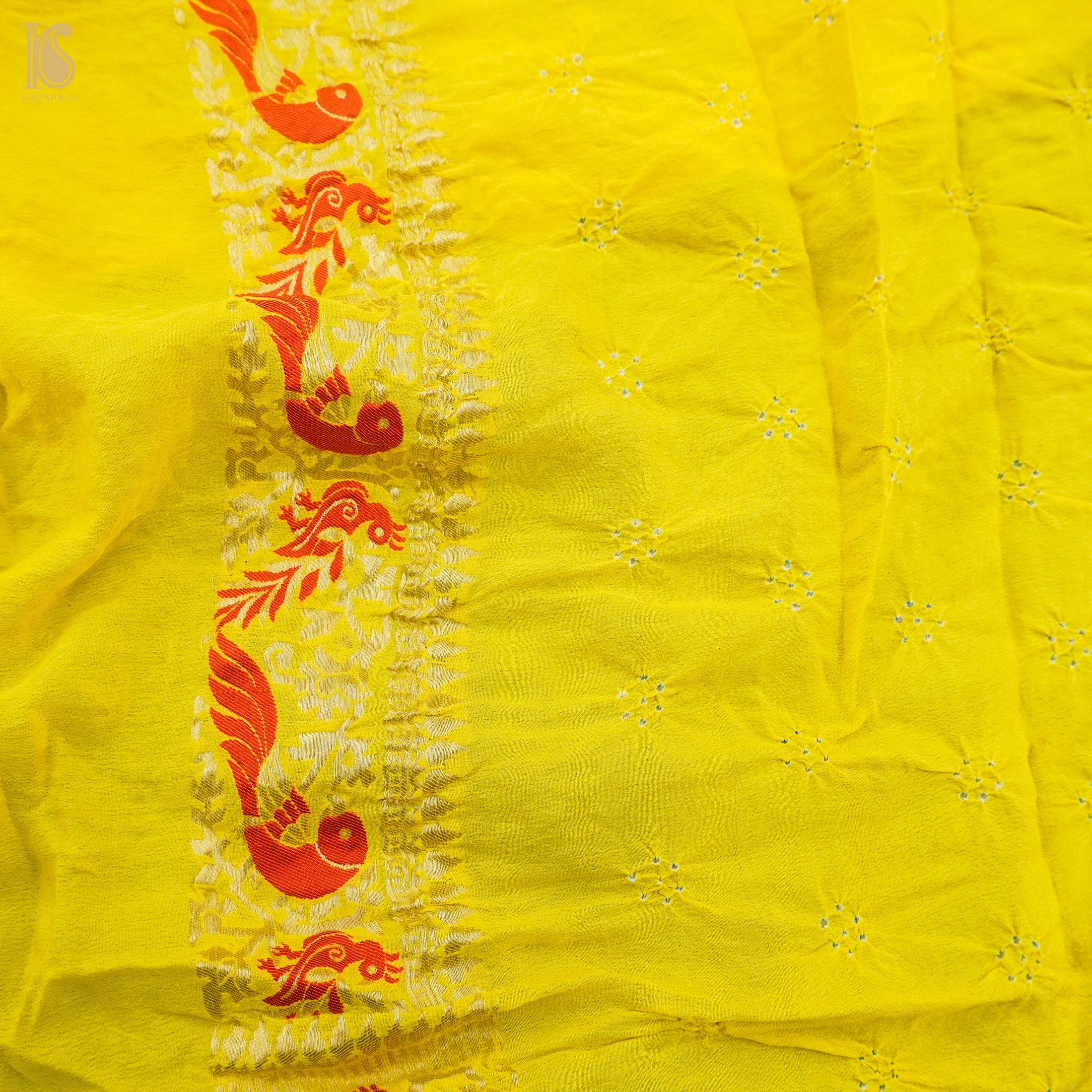 Sunflower Yellow Handloom Banarasi Pure Georgette Birds Bandhani Saree - Khinkhwab