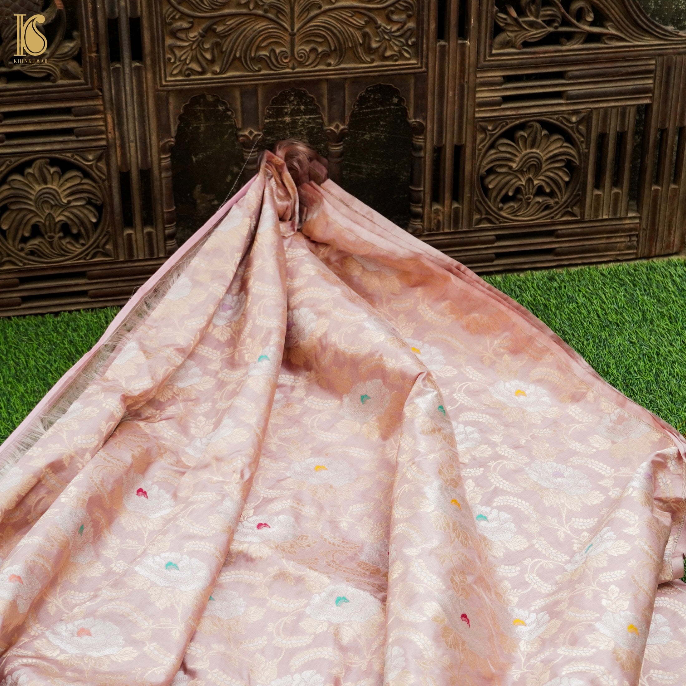 Pink Flare Pure Katan Silk Banarasi Meenakari Jaal Fabric - Khinkhwab